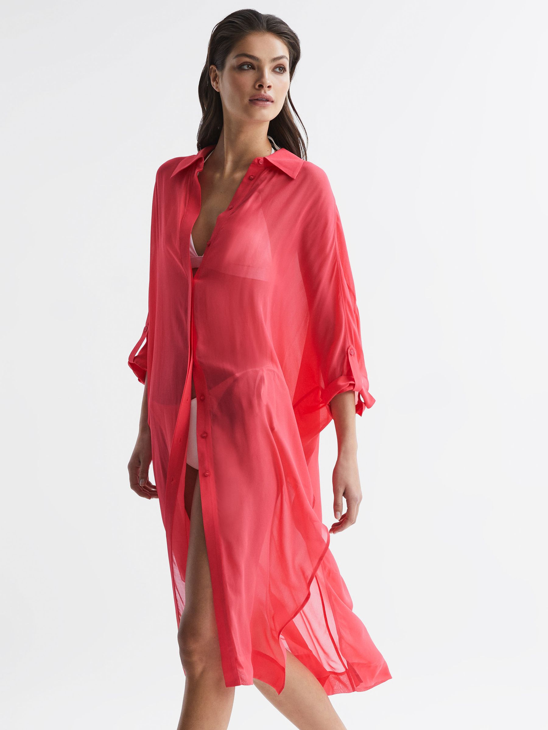 Sheer Kaftan in Coral - Image 3 of 8