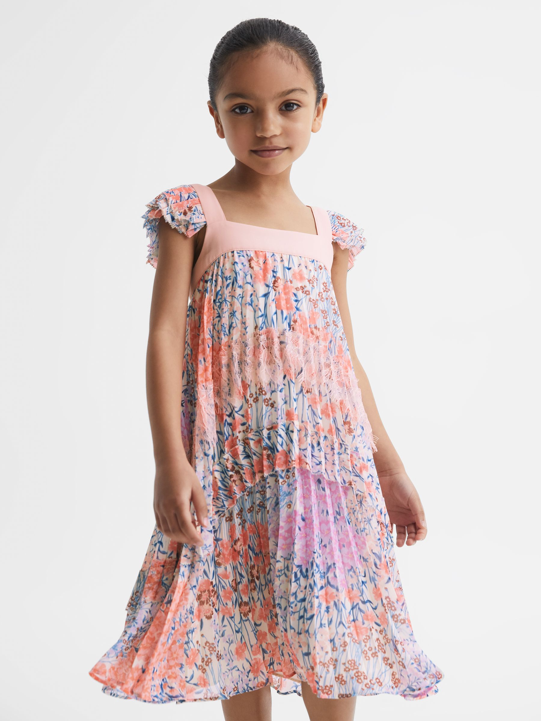 Reiss Floral Printed Pleated Dress in Pink Print - REISS