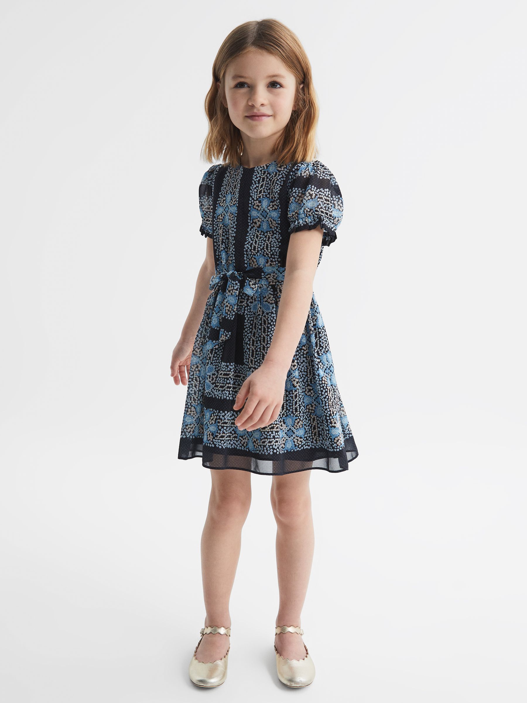 Floral Print Puff Sleeve Dress in Navy - Image 1 of 6