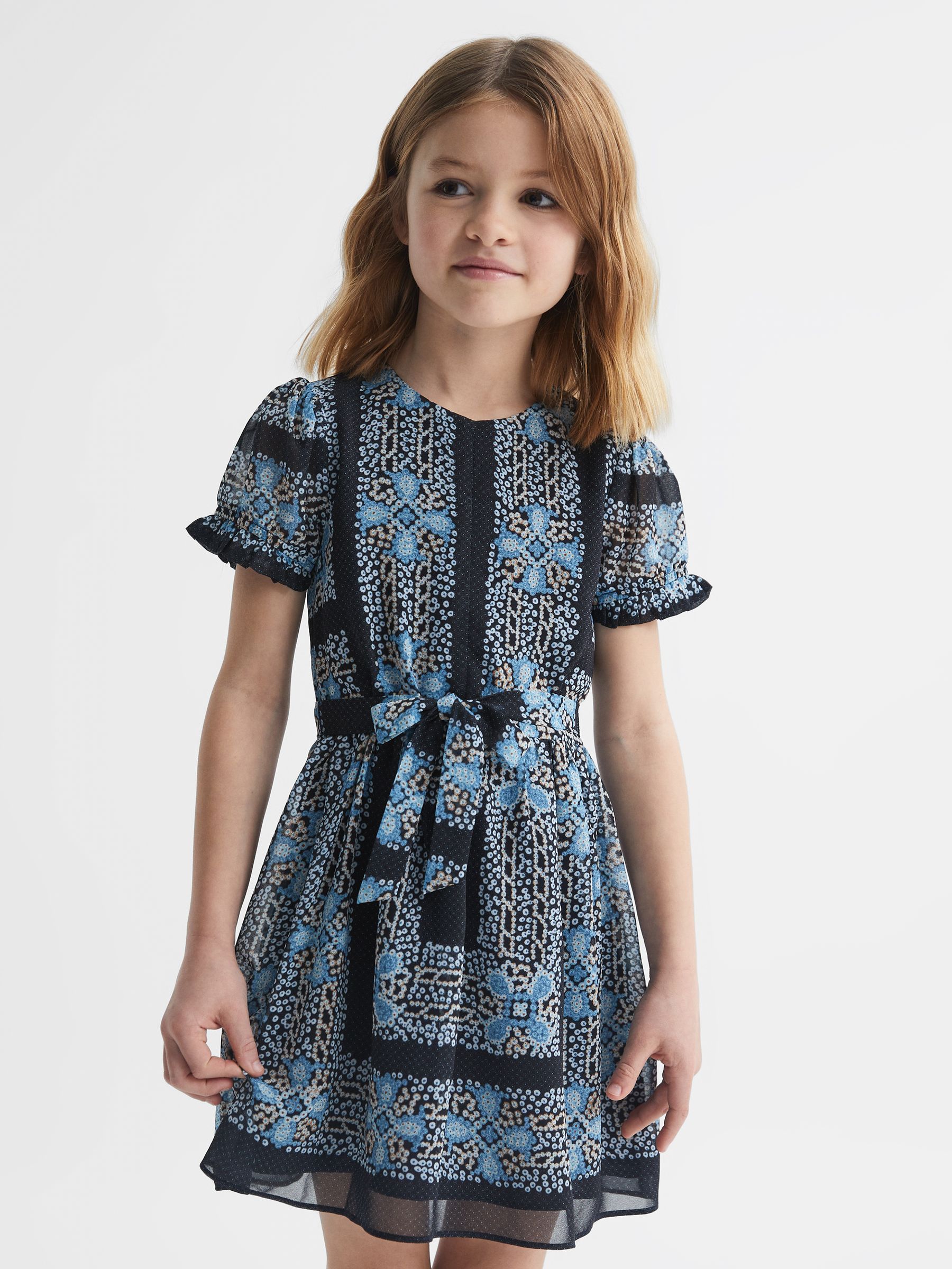 Floral Print Puff Sleeve Dress in Navy - Image 3 of 6