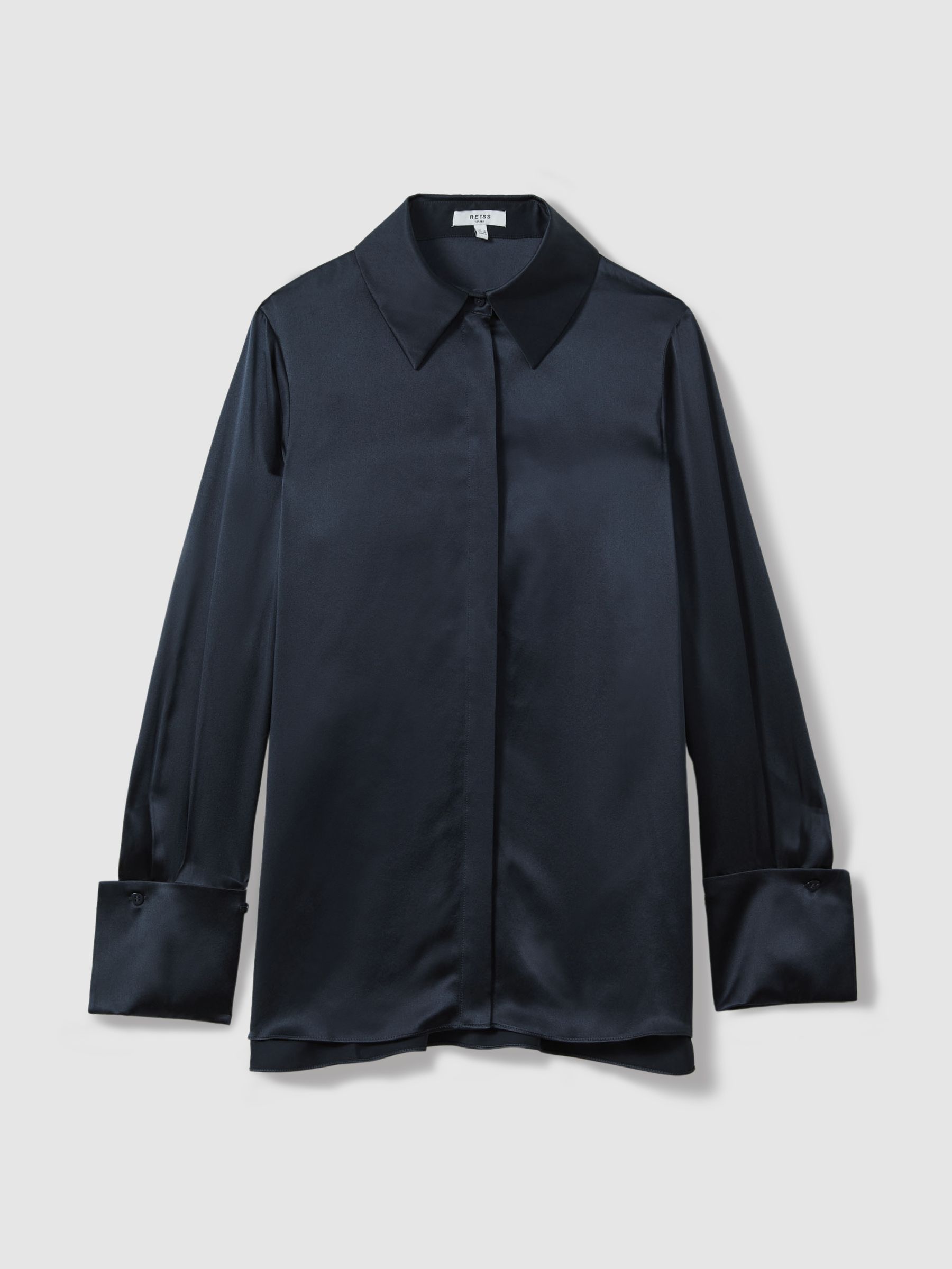 Silk Double-Cuff Button-Through Shirt in Navy - Image 2 of 6