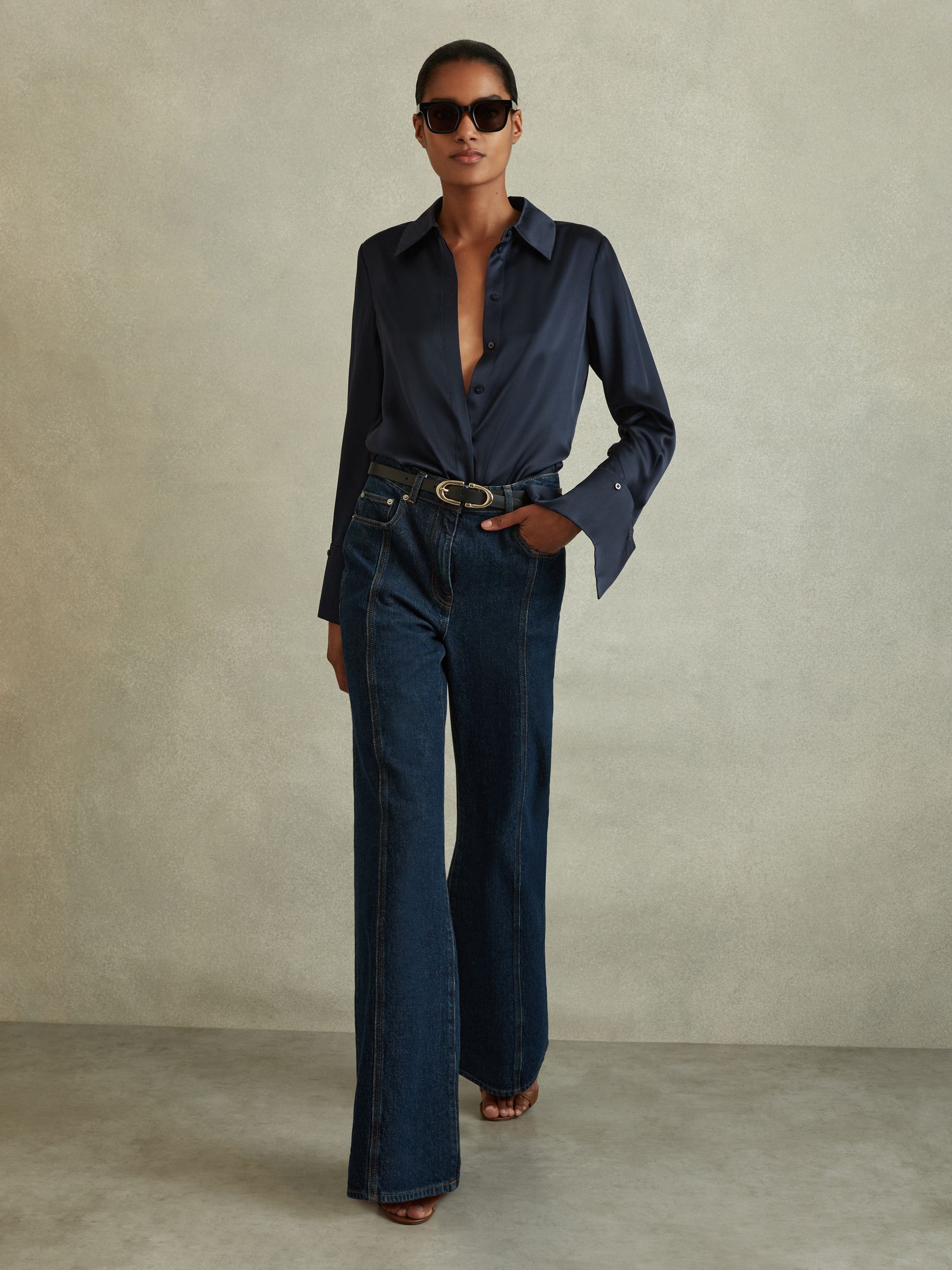 Silk Double-Cuff Button-Through Shirt in Navy - Image 3 of 6