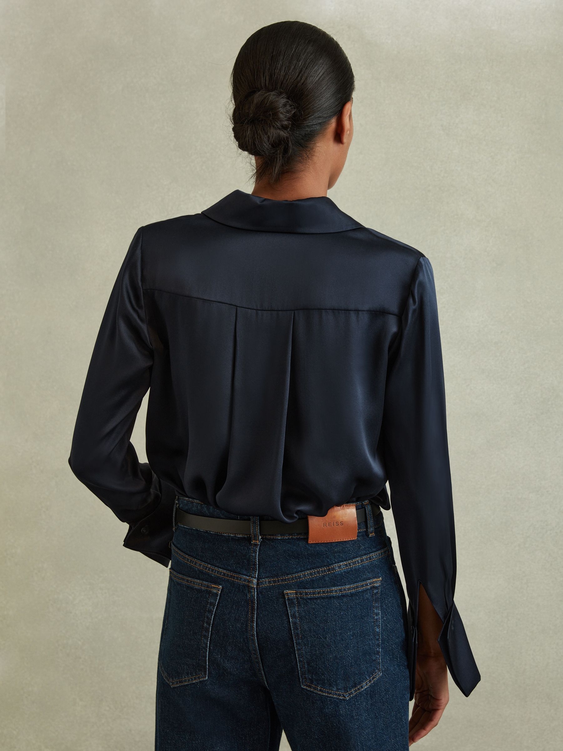 Silk Double-Cuff Button-Through Shirt in Navy - Image 4 of 6