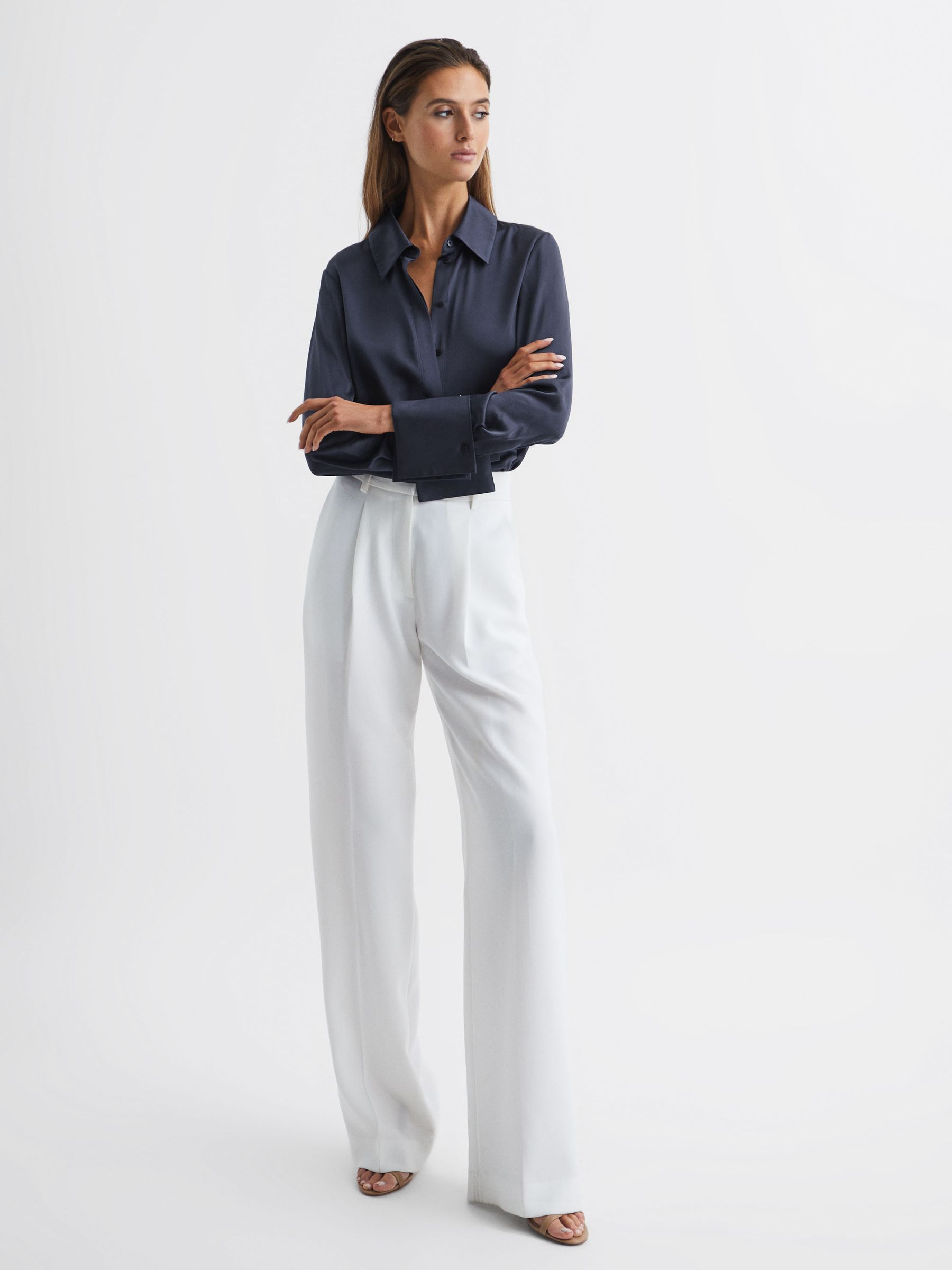 Silk Double-Cuff Button-Through Shirt in Navy - Image 6 of 6