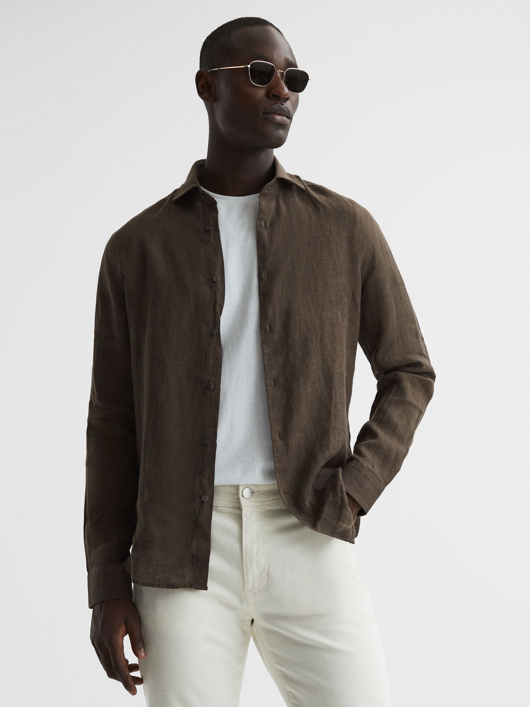 Linen Button-Through Shirt in Bitter Chocolate - Image 1 of 6