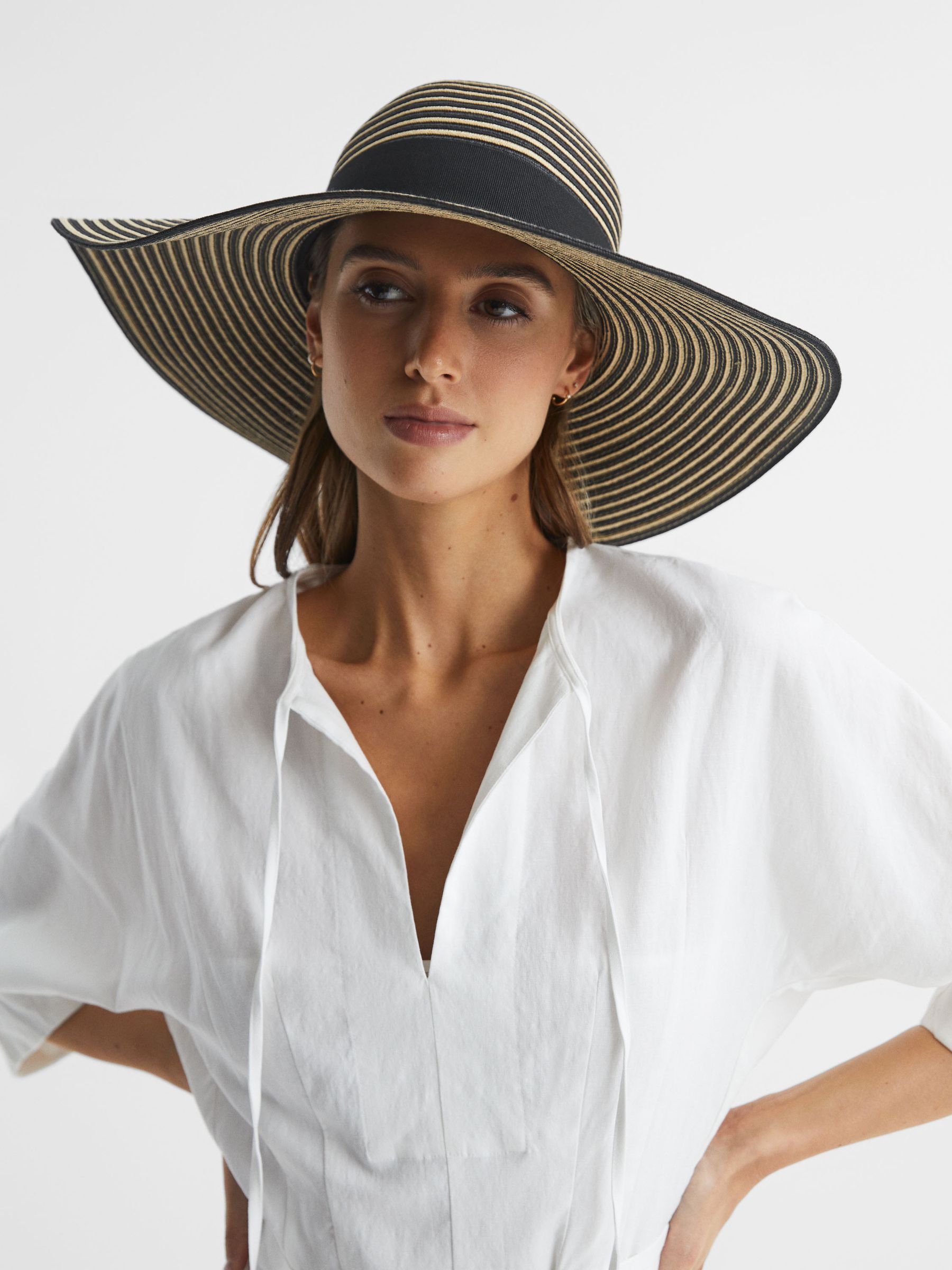 Paper Straw Wide Brim Hat in Black/Neutral - Image 2 of 4