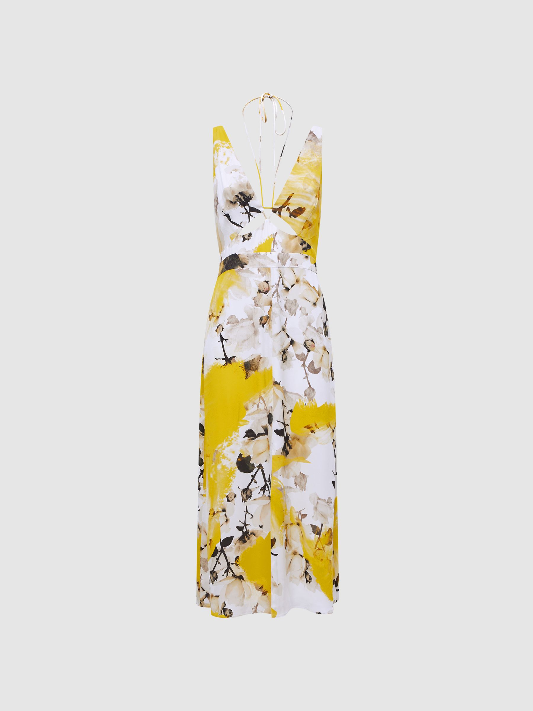Fitted Floral Print Midi Dress in Yellow - Image 2 of 6 Fitted Floral Print Midi Dress in Yellow - Image 2 of 6