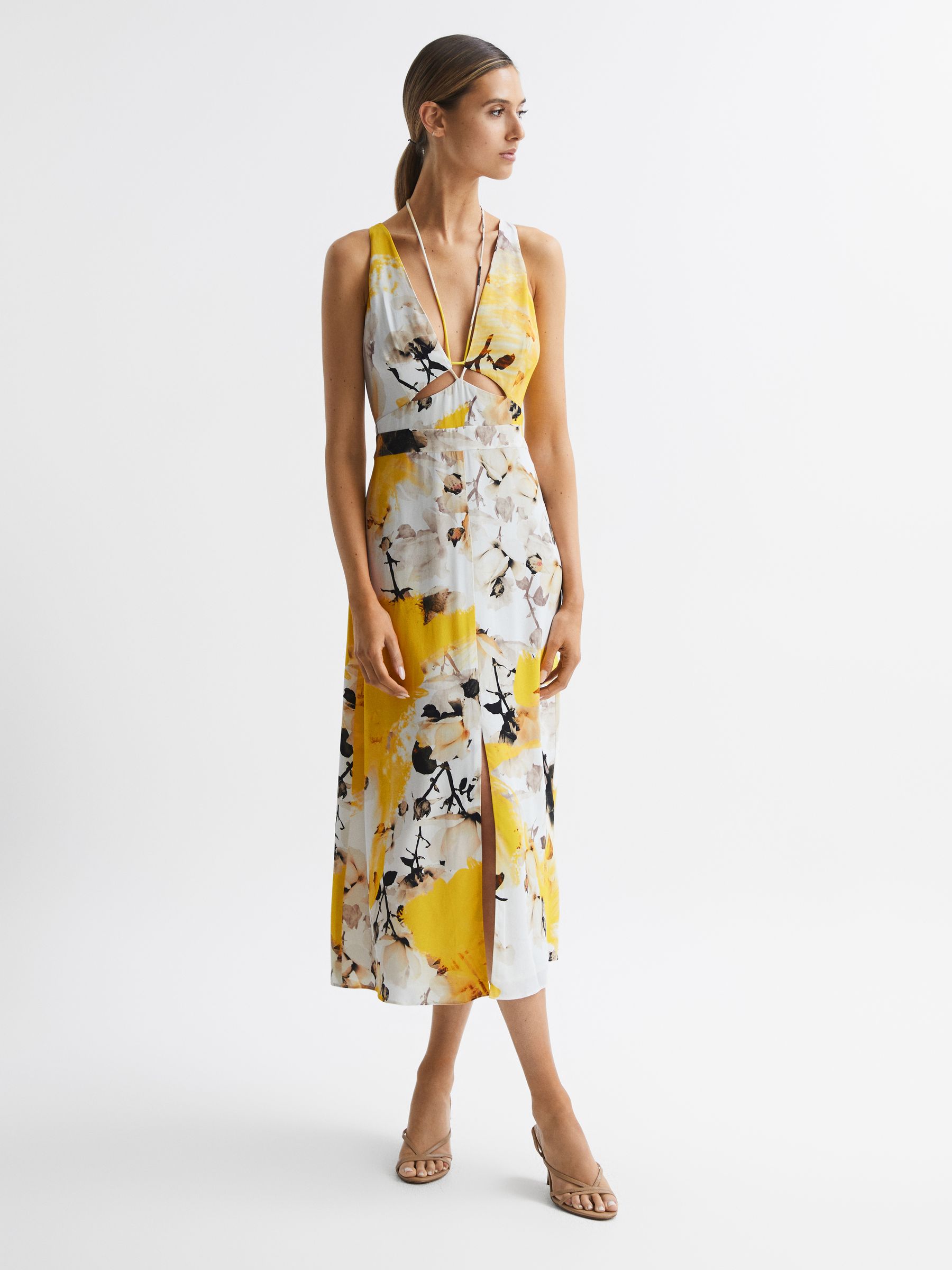 Fitted Floral Print Midi Dress in Yellow - Image 3 of 6