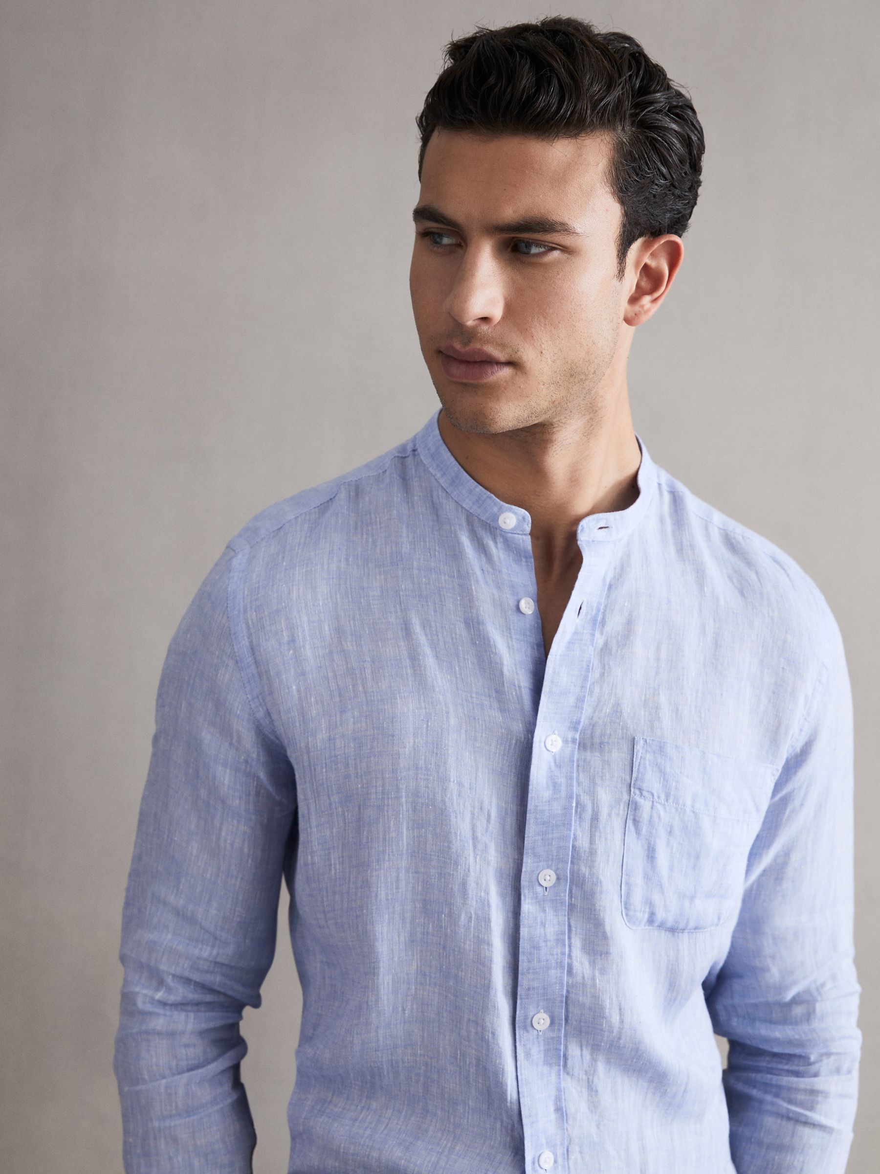 Linen Grandad Collar Shirt in Soft Blue - Image 1 of 6