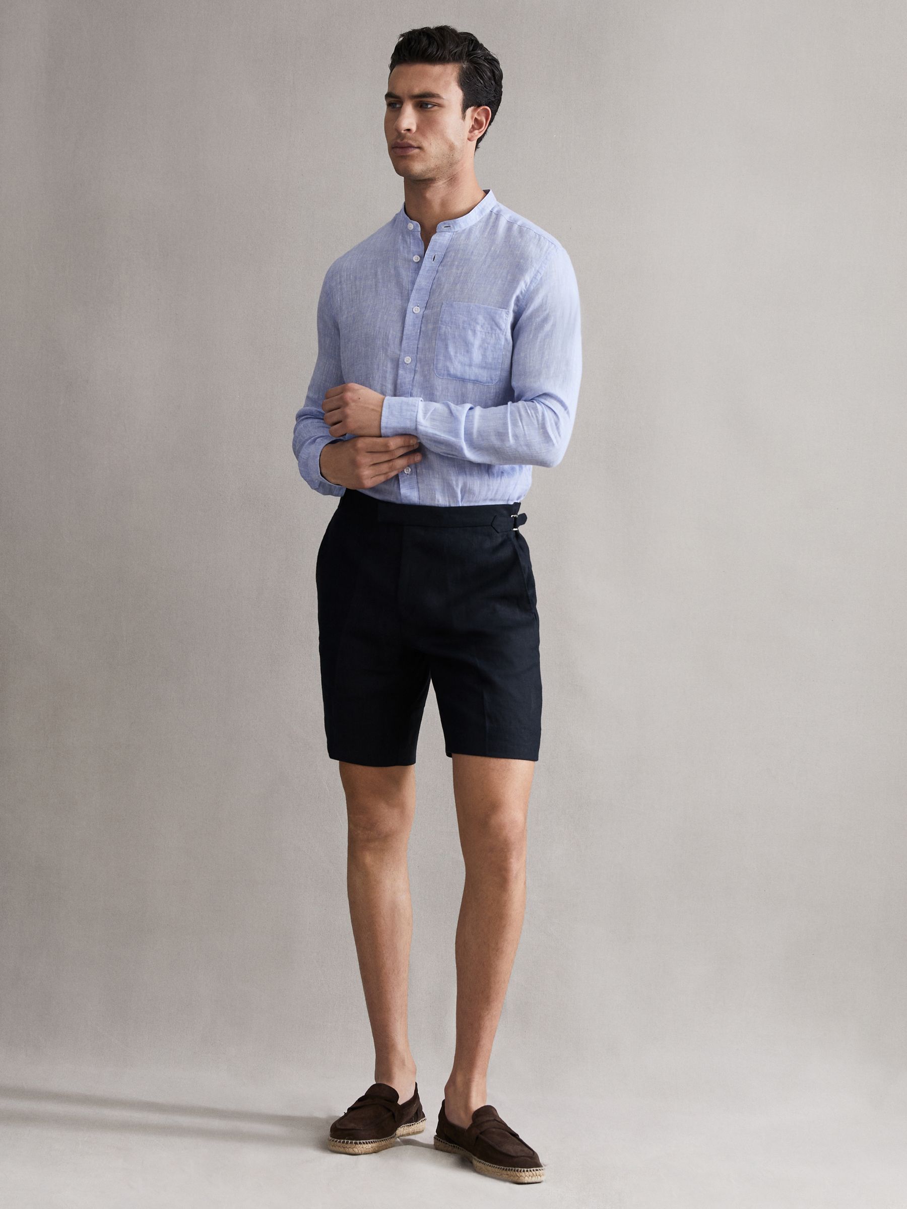 Linen Grandad Collar Shirt in Soft Blue - Image 3 of 6