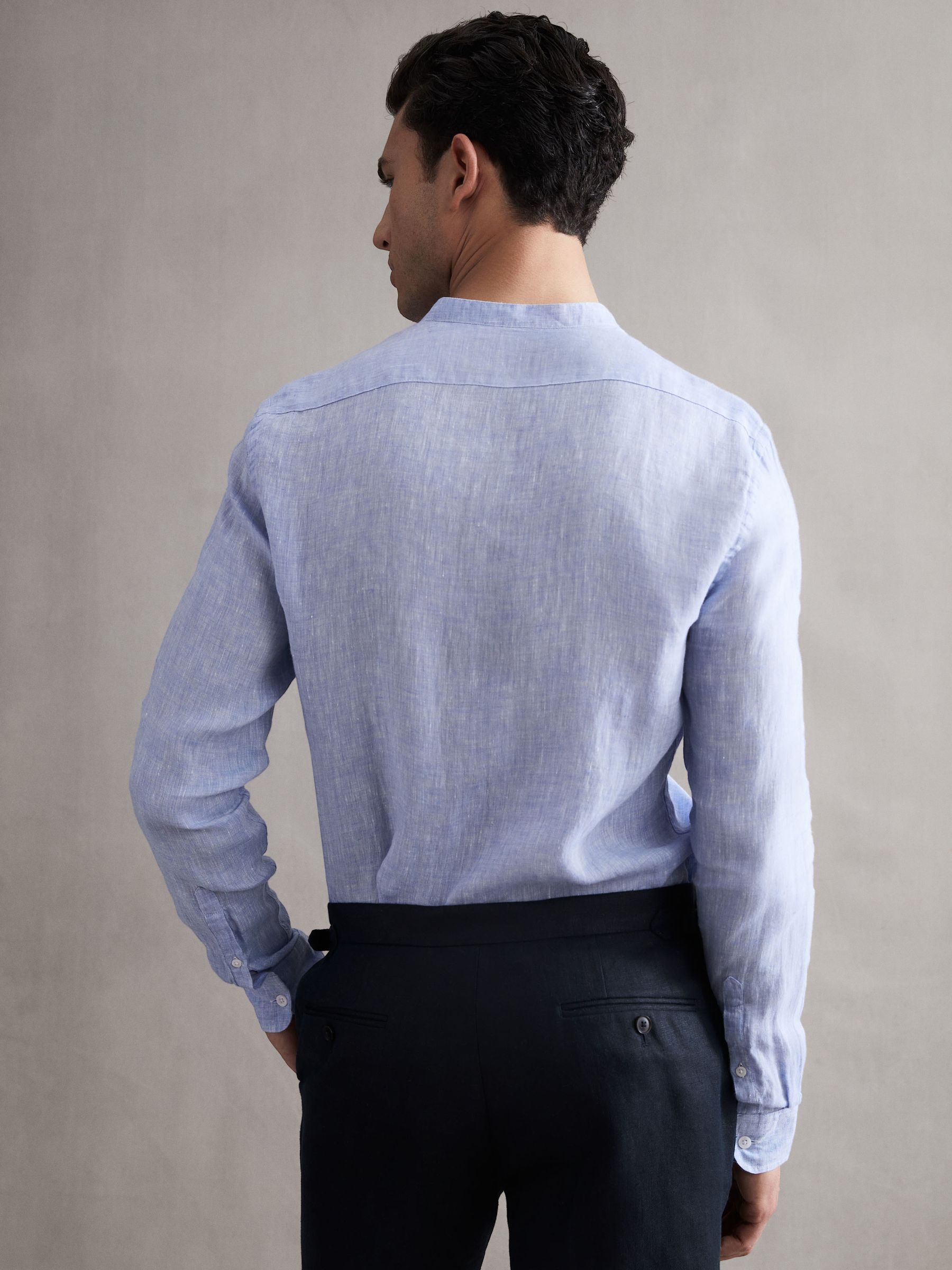 Linen Grandad Collar Shirt in Soft Blue - Image 4 of 6