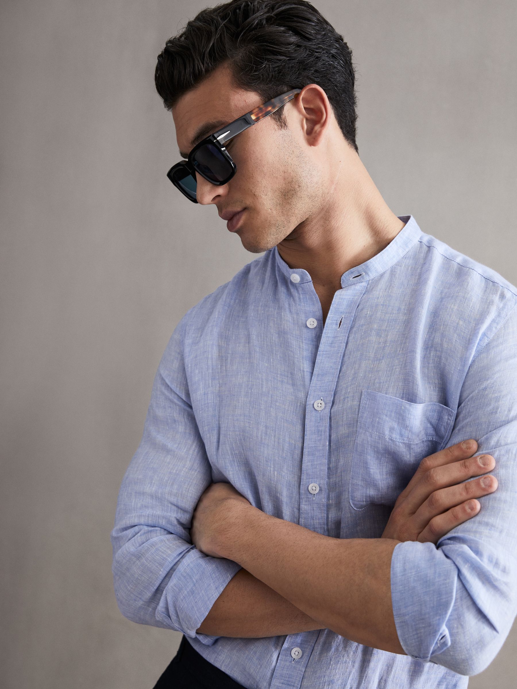 Linen Grandad Collar Shirt in Soft Blue - Image 5 of 6