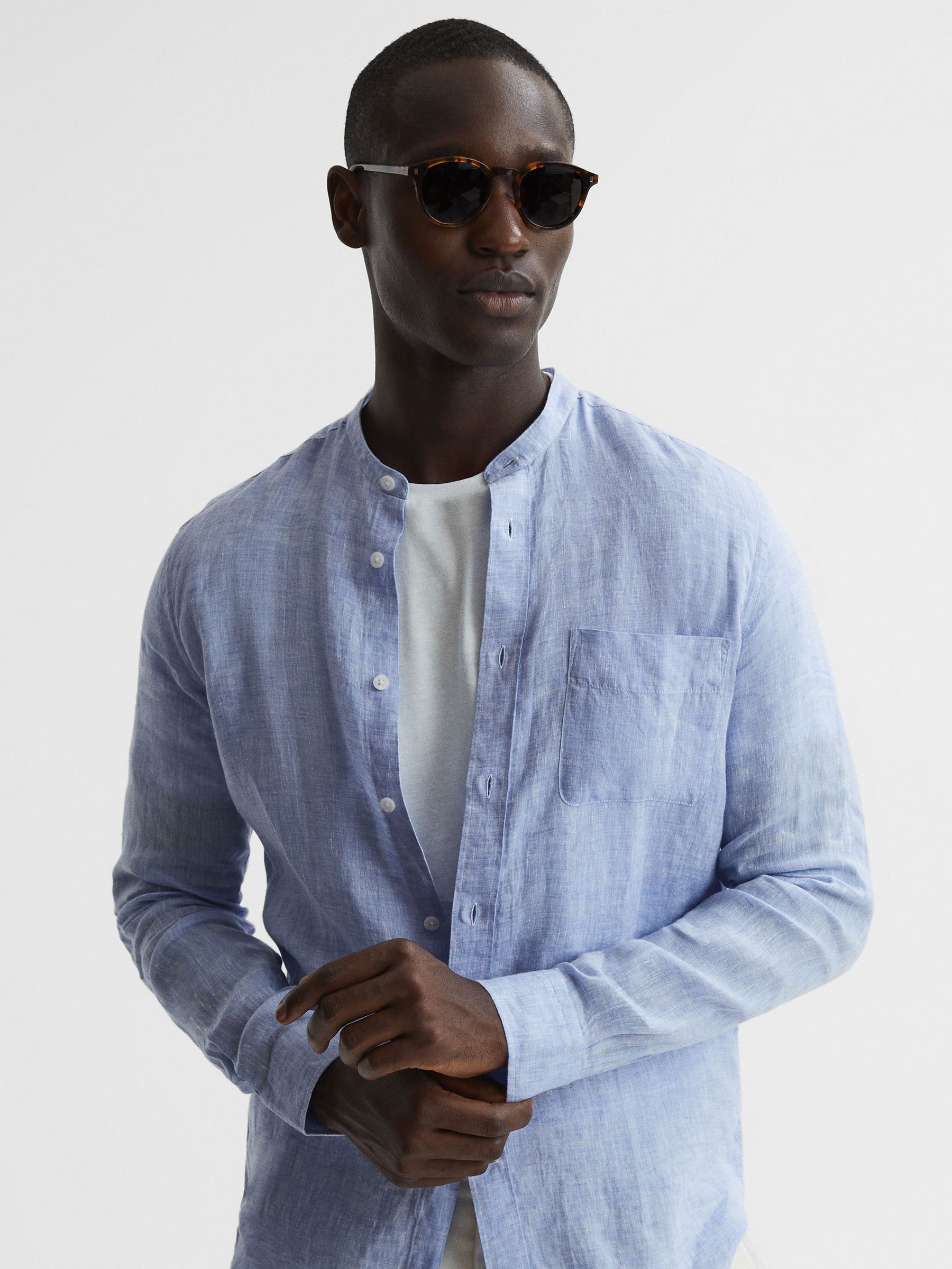 Linen Grandad Collar Shirt in Soft Blue - Image 6 of 6