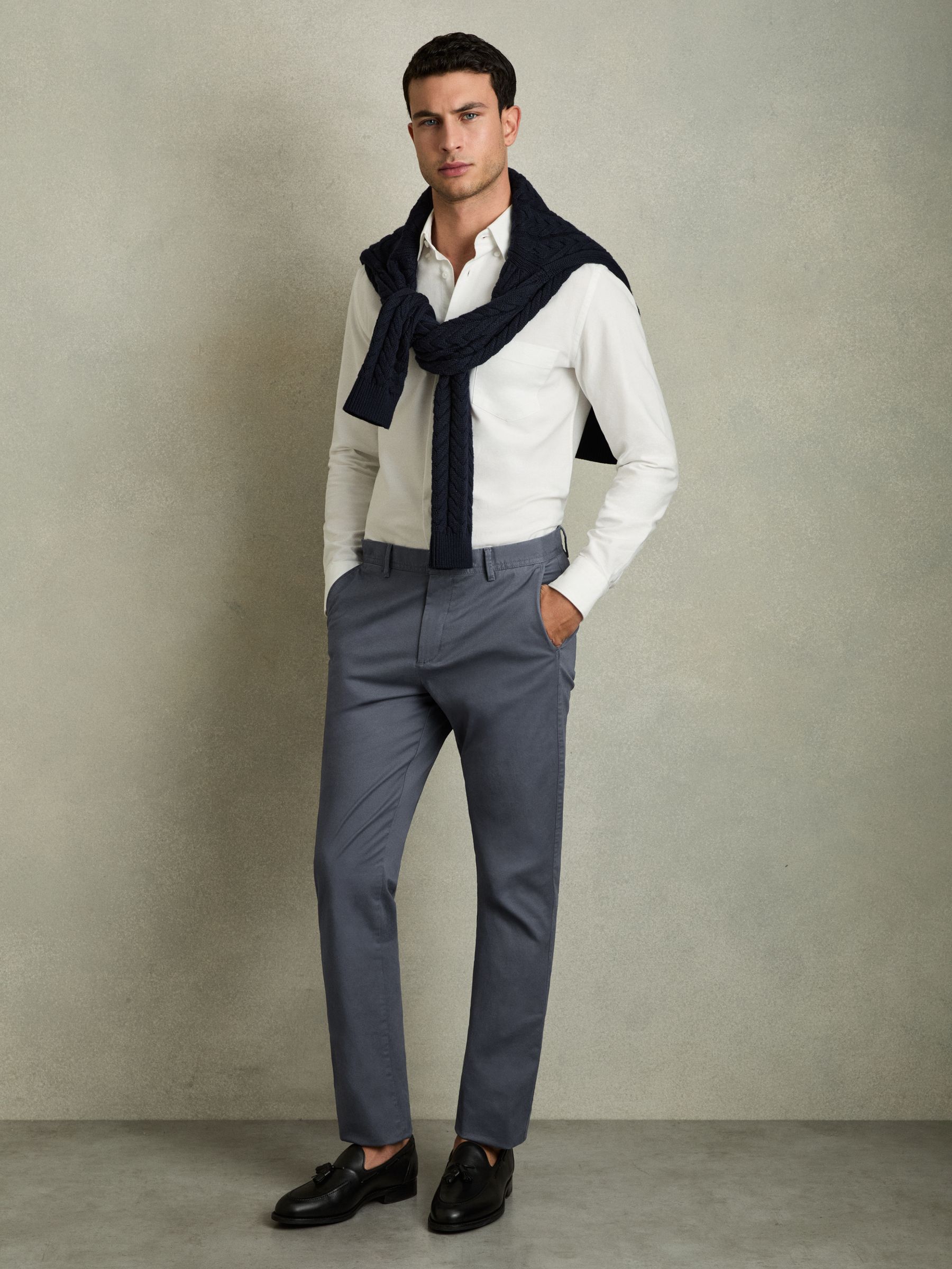 Slim Fit Washed Cotton Blend Chinos in Airforce Blue - Image 1 of 6