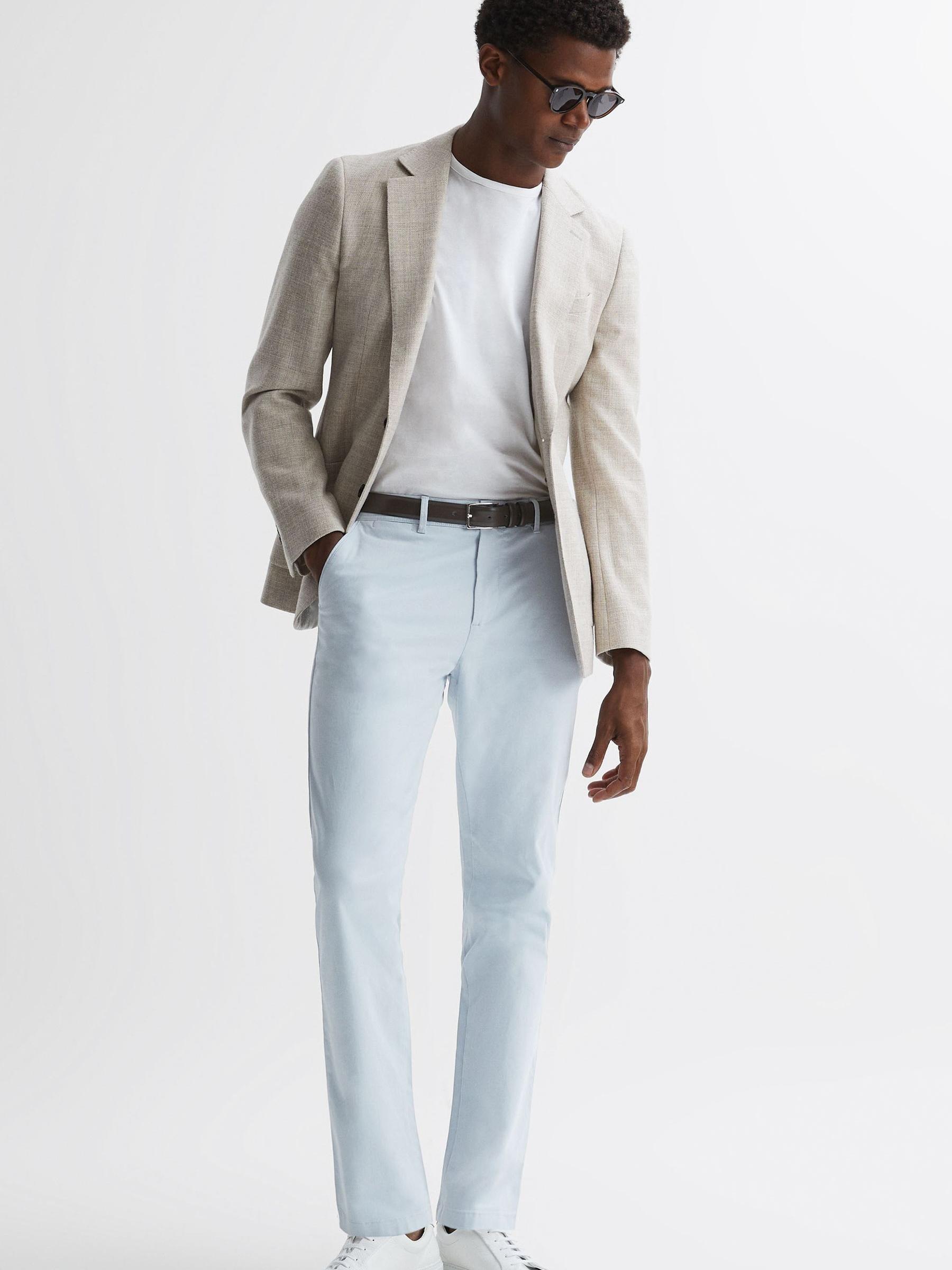 Slim Fit Washed Cotton Blend Chinos in Soft Blue - Image 1 of 5 Slim Fit Washed Cotton Blend Chinos in Soft Blue - Image 1 of 5