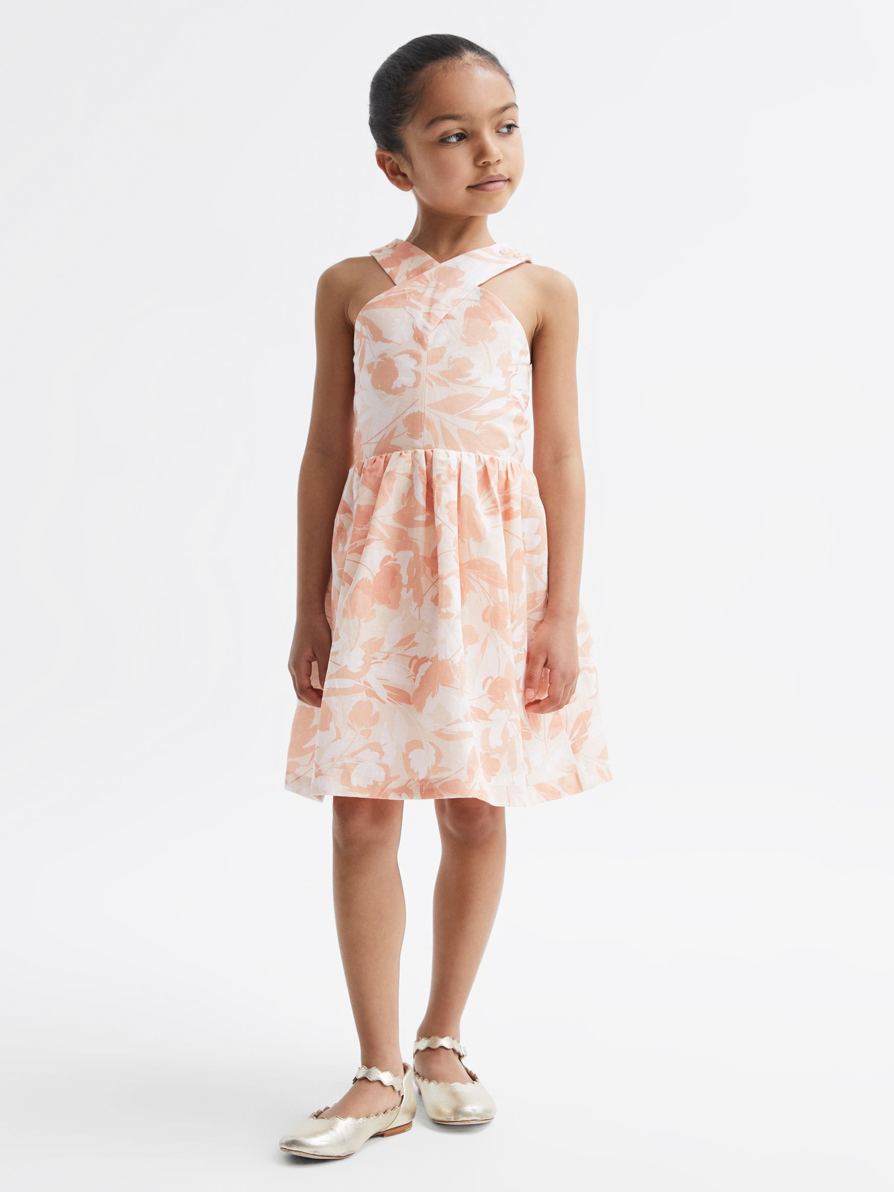 4-9 yrs Floral Print Halter Neck Dress in Pink Print - Image 1 of 7 4-9 yrs Floral Print Halter Neck Dress in Pink Print - Image 1 of 7