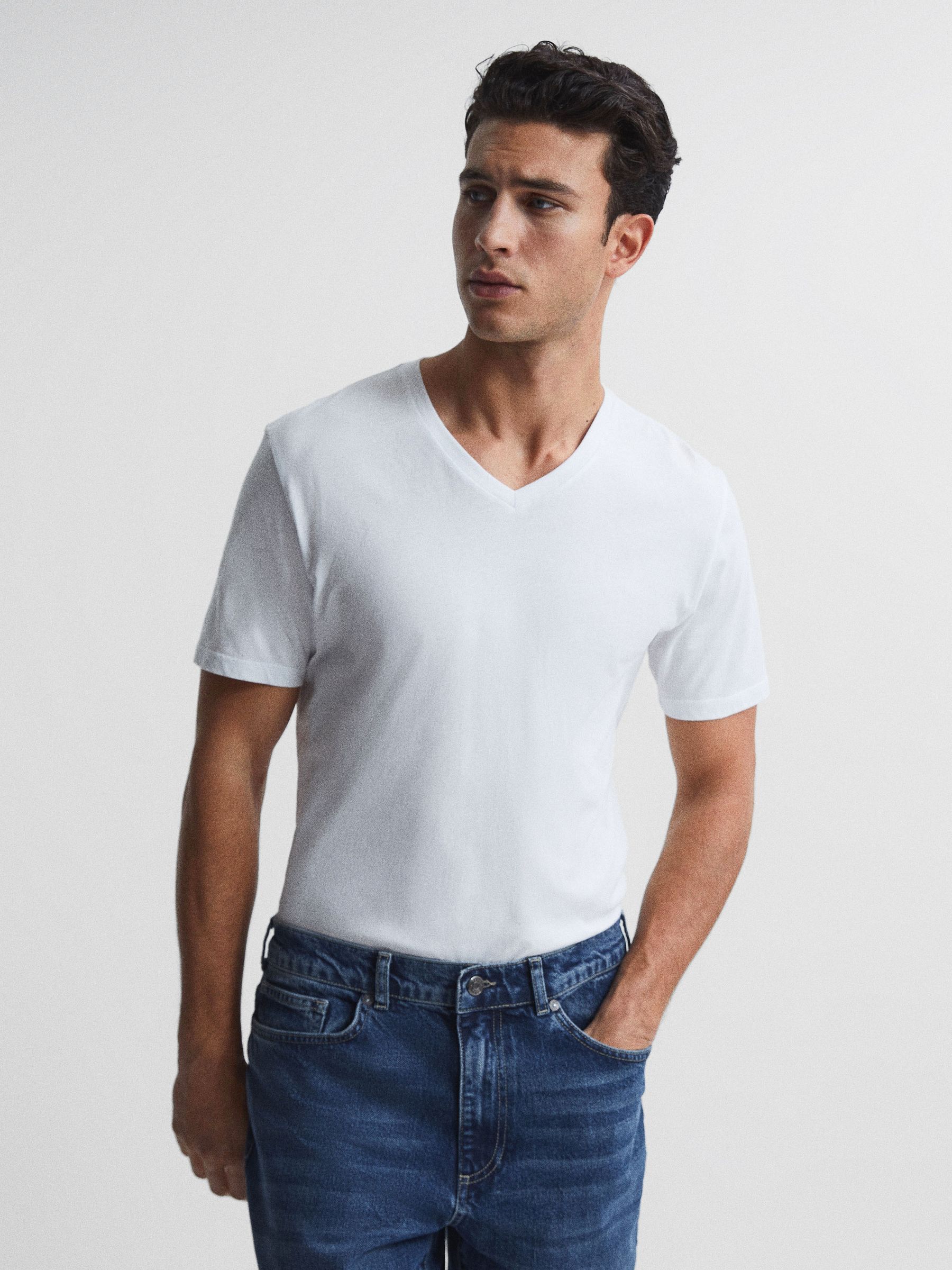 Cotton V-Neck T-Shirt in White - Image 1 of 5 Cotton V-Neck T-Shirt in White - Image 1 of 5