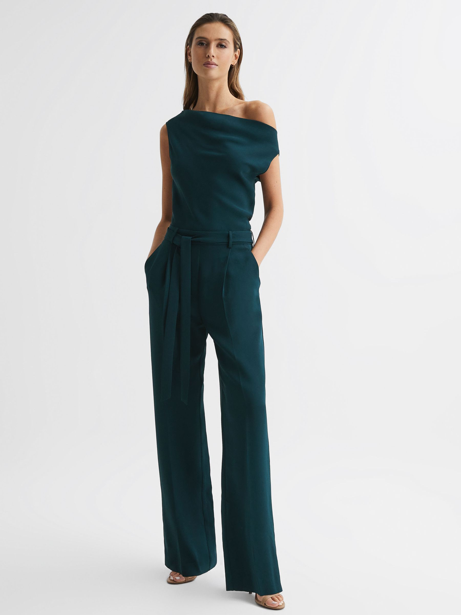 Off-The-Shoulder Jumpsuit in Teal - Image 1 of 5