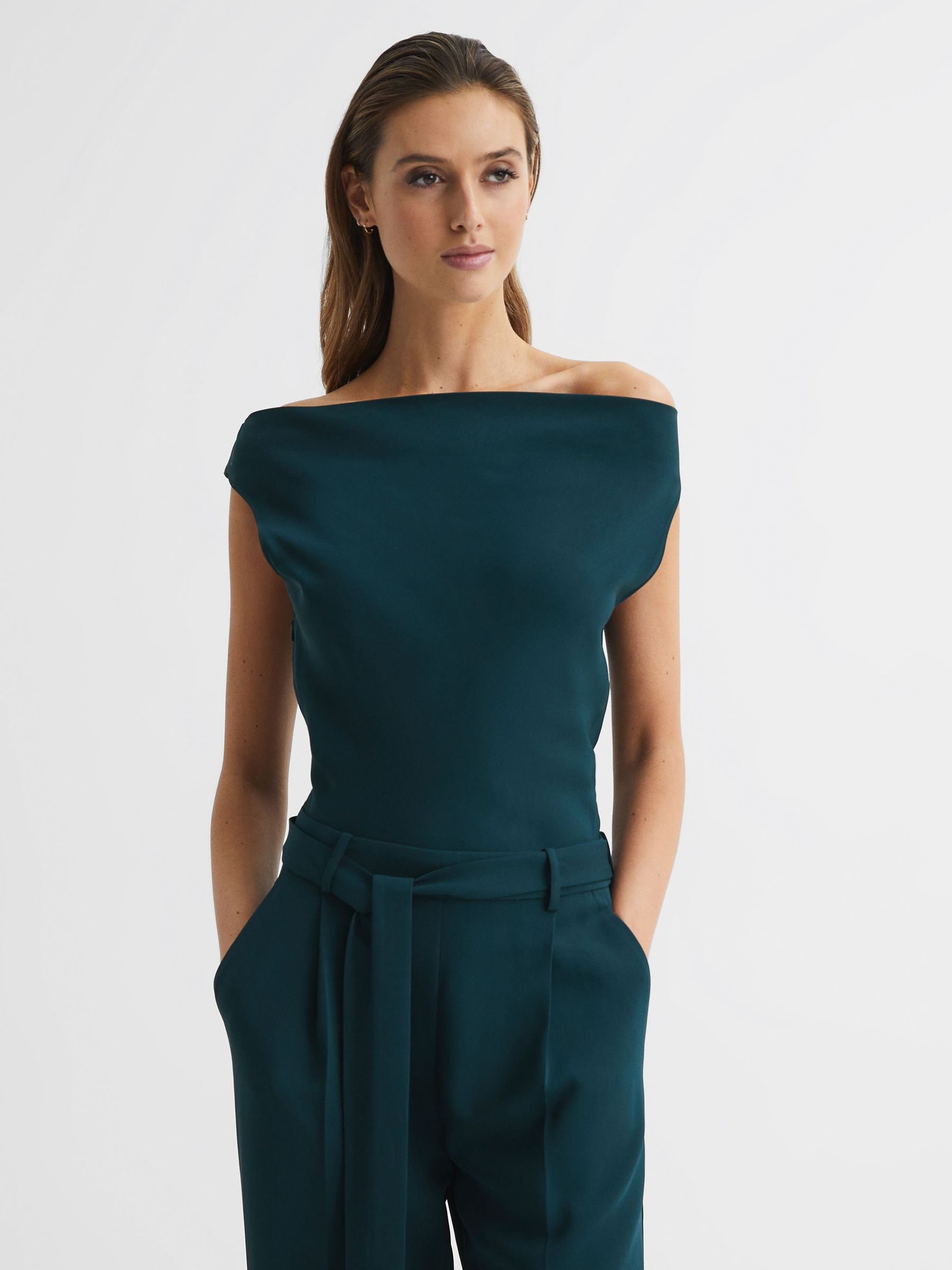 Off-The-Shoulder Jumpsuit in Teal - Image 3 of 5