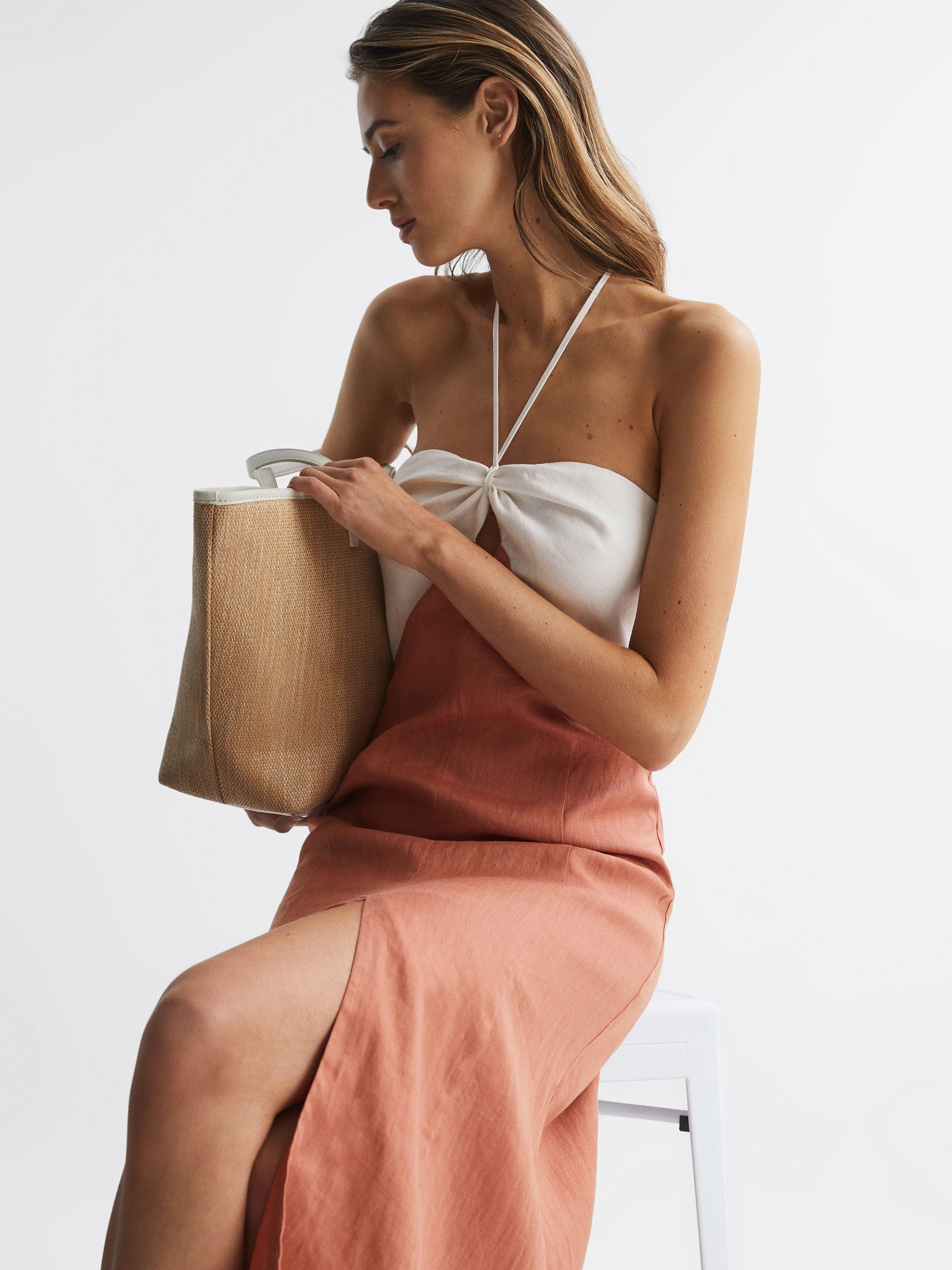 Linen Colour Block Midi Dress in Rust/White - Image 1 of 6 Linen Colour Block Midi Dress in Rust/White - Image 1 of 6