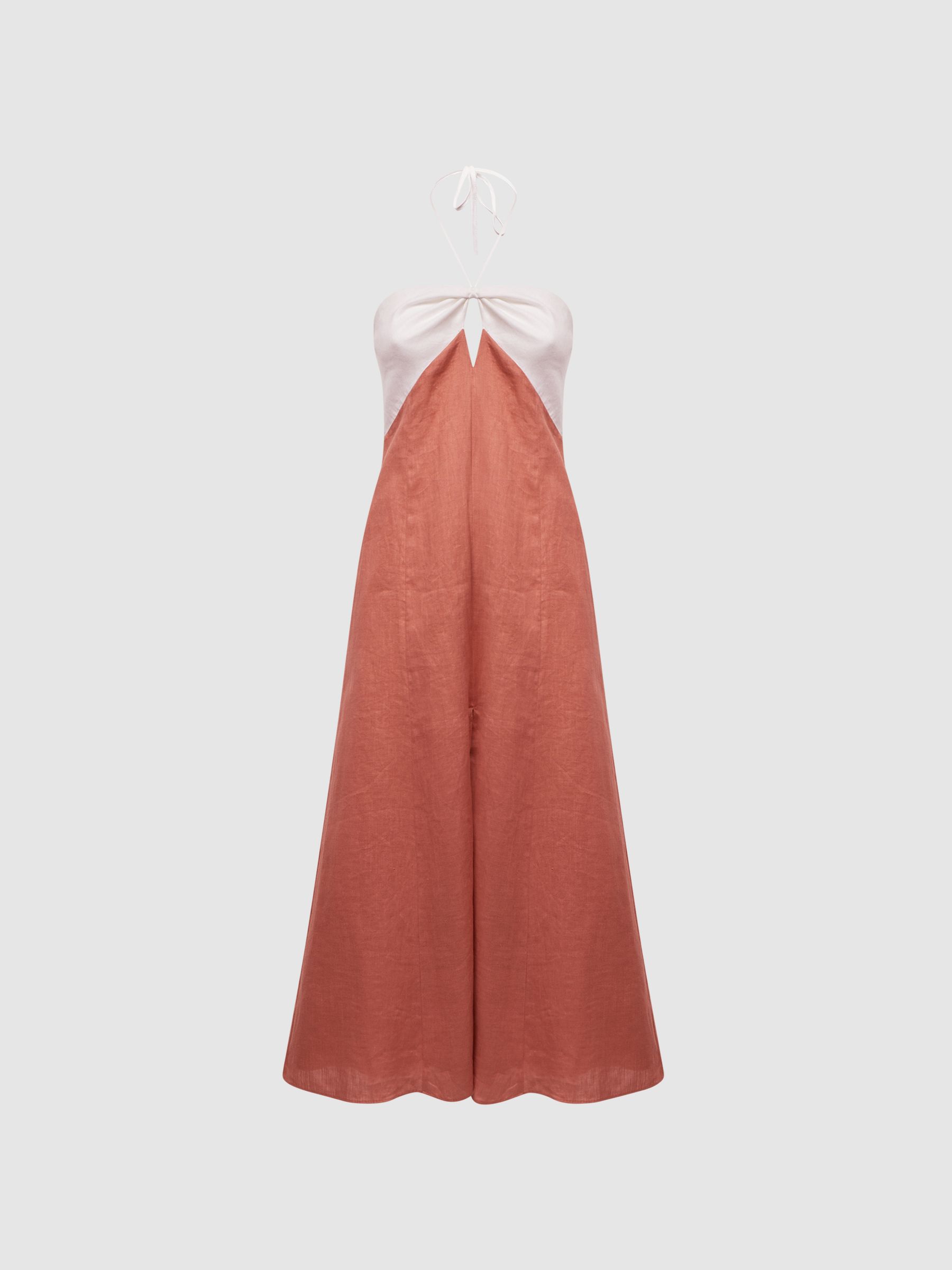 Linen Colour Block Midi Dress in Rust/White - Image 2 of 6 Linen Colour Block Midi Dress in Rust/White - Image 2 of 6