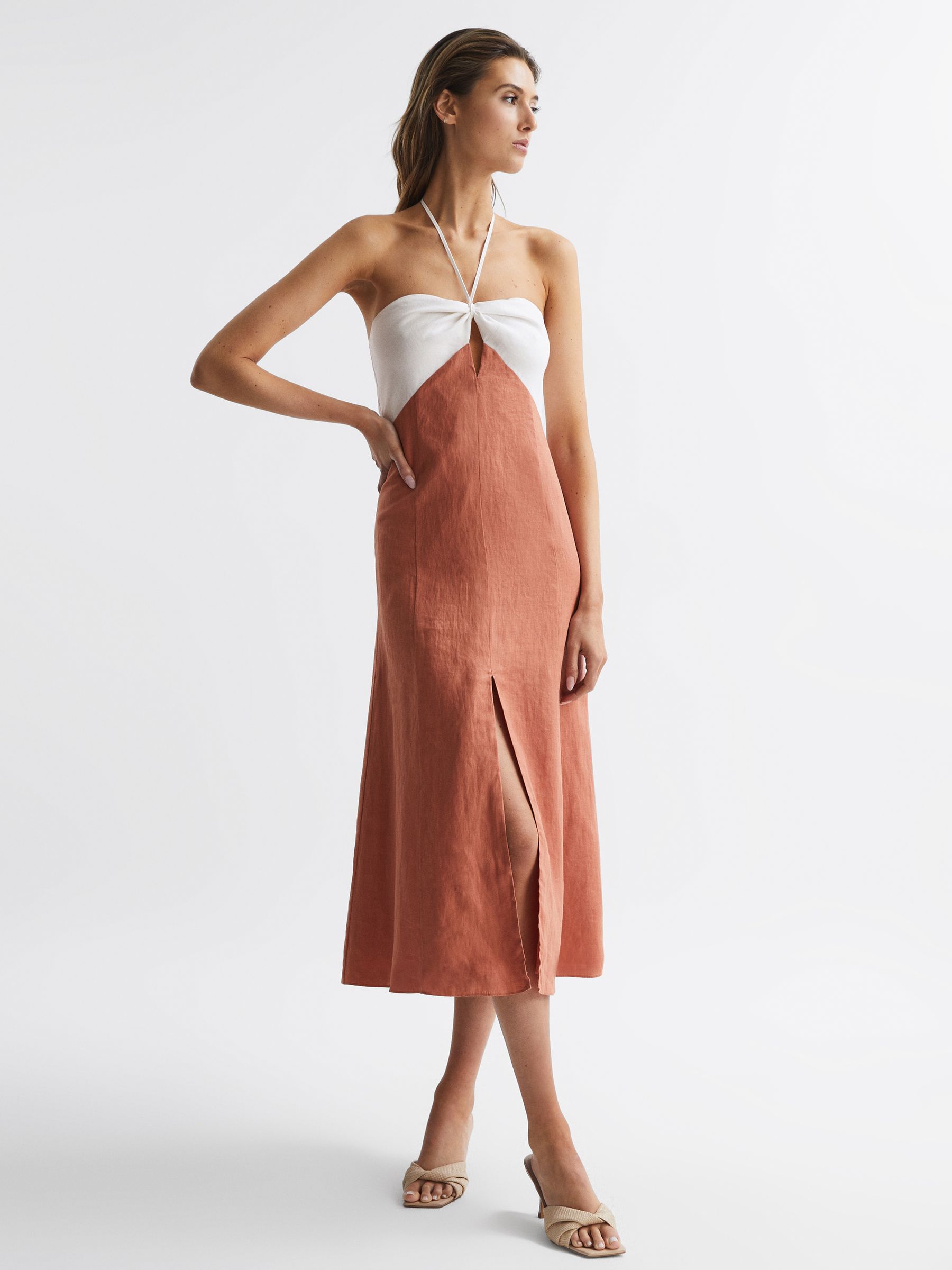 Linen Colour Block Midi Dress in Rust/White - Image 6 of 6