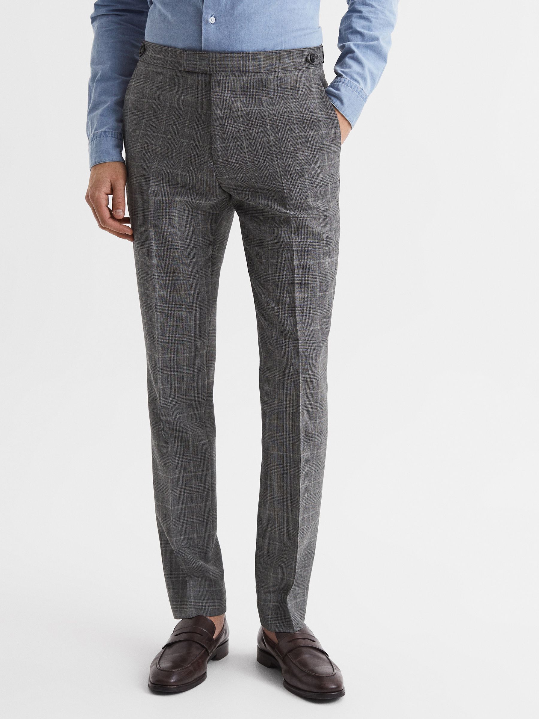 Slim Fit Checked Trousers in Grey - Image 1 of 7