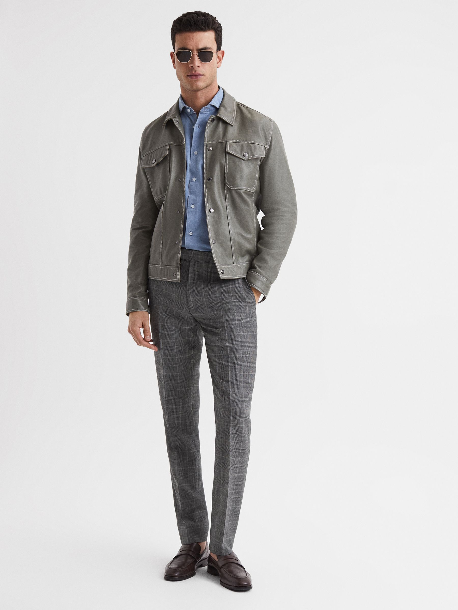 Slim Fit Checked Trousers in Grey - Image 7 of 7
