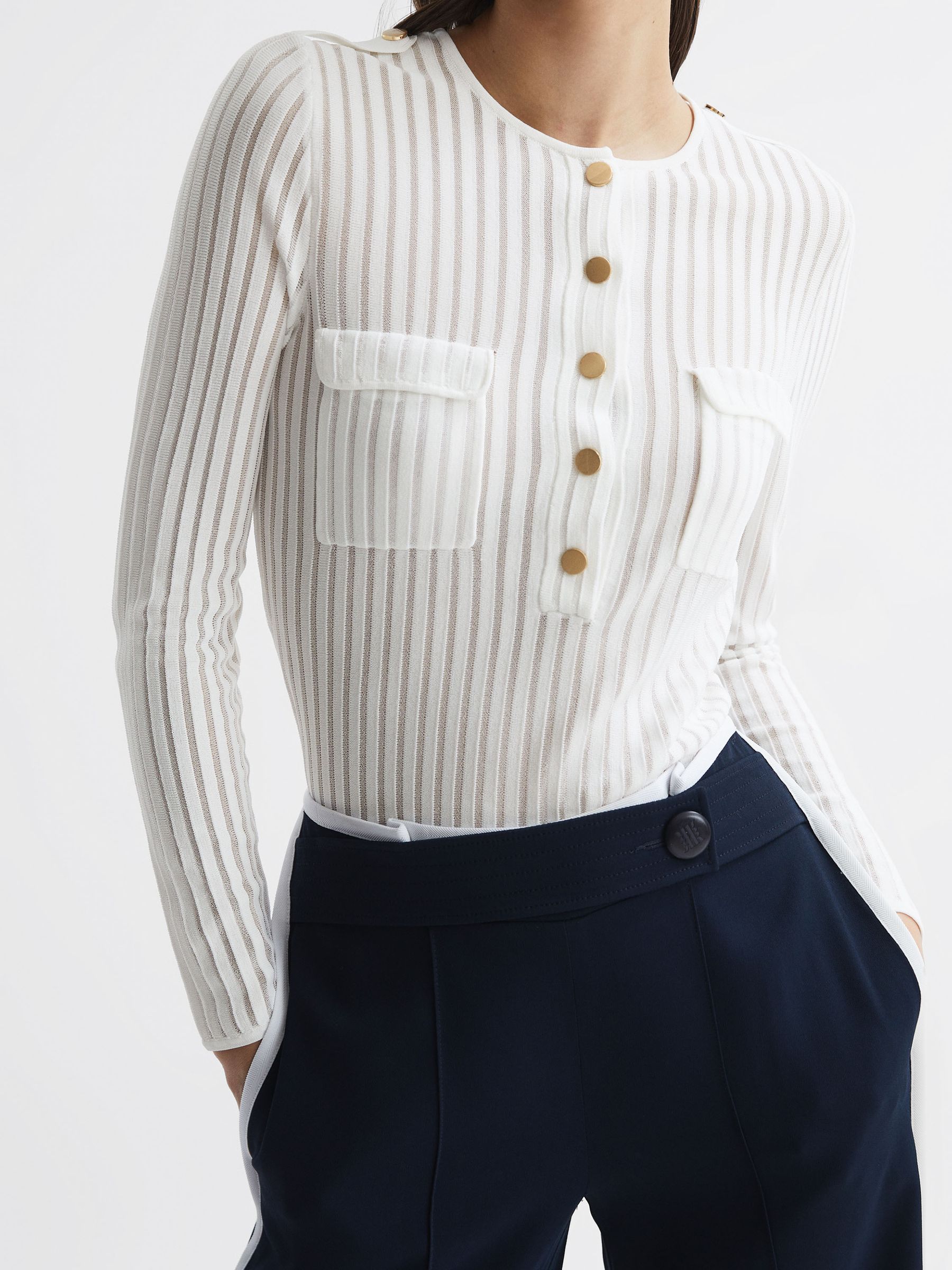 Sheer Striped Long Sleeve Top in Ivory - Image 4 of 6