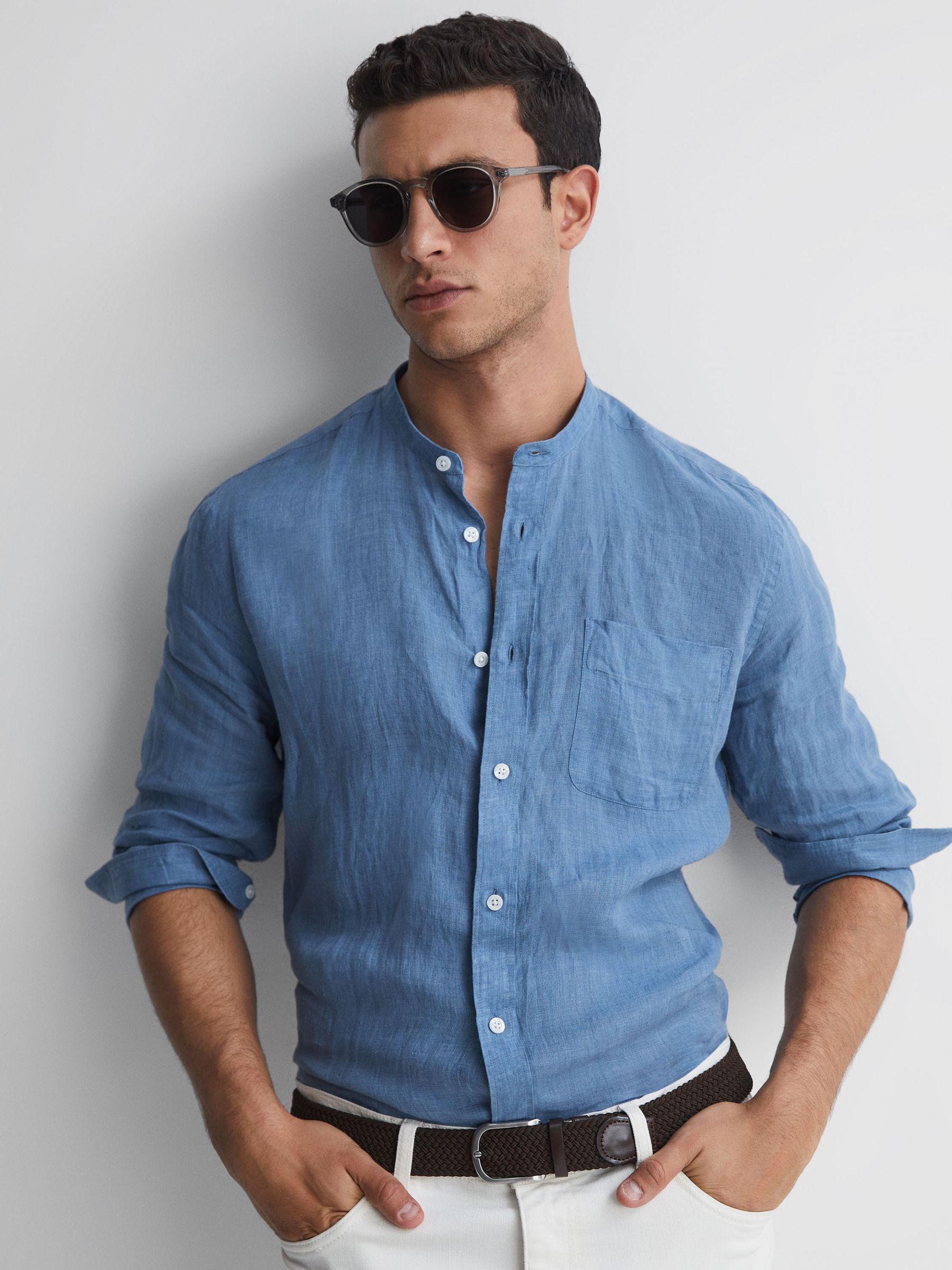 Linen Grandad Collar Shirt in Airforce Blue - Image 1 of 4