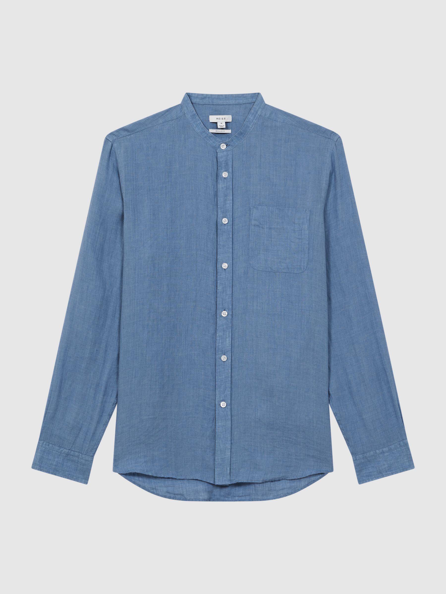 Linen Grandad Collar Shirt in Airforce Blue - Image 2 of 4