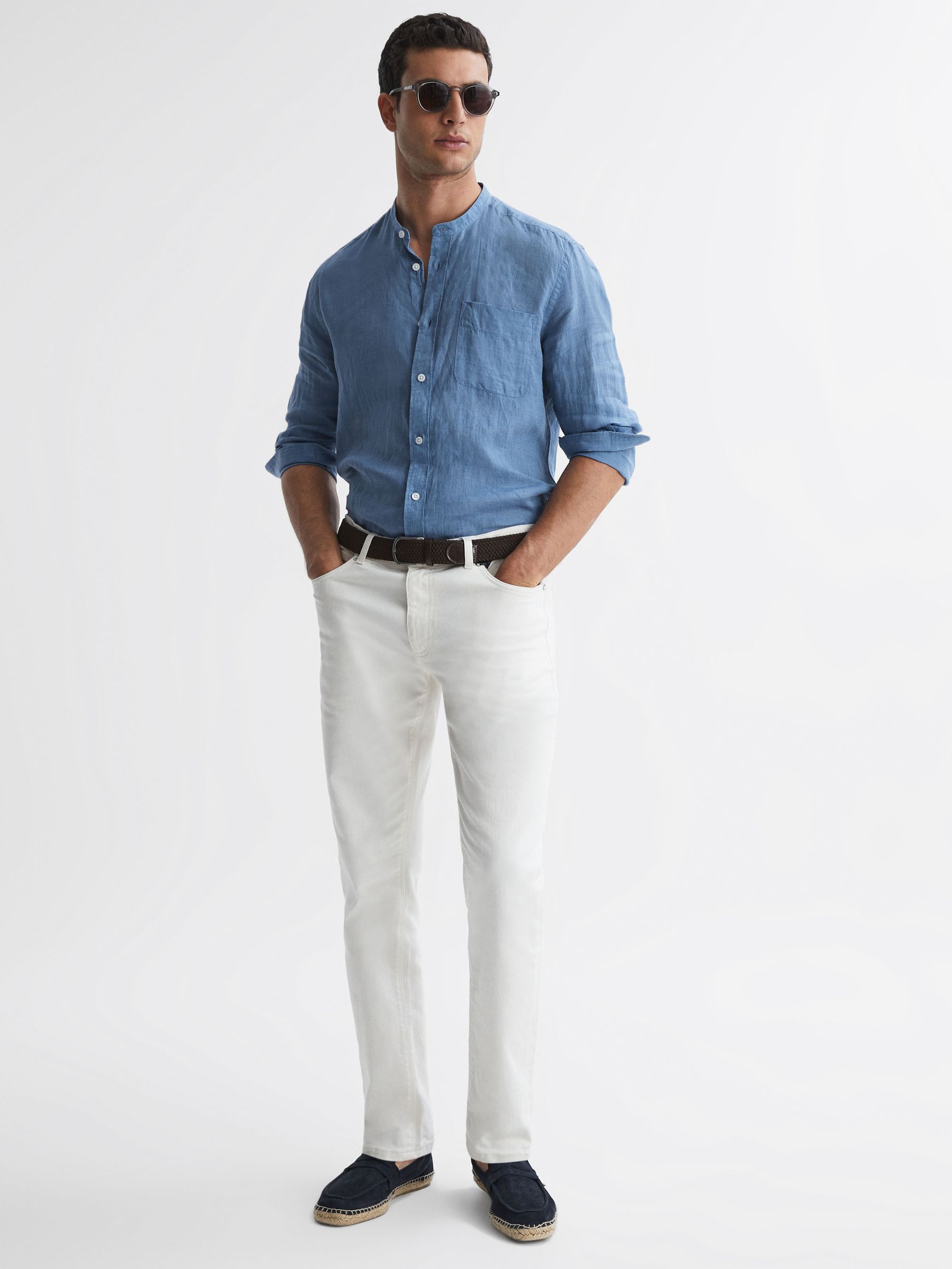 Linen Grandad Collar Shirt in Airforce Blue - Image 3 of 4