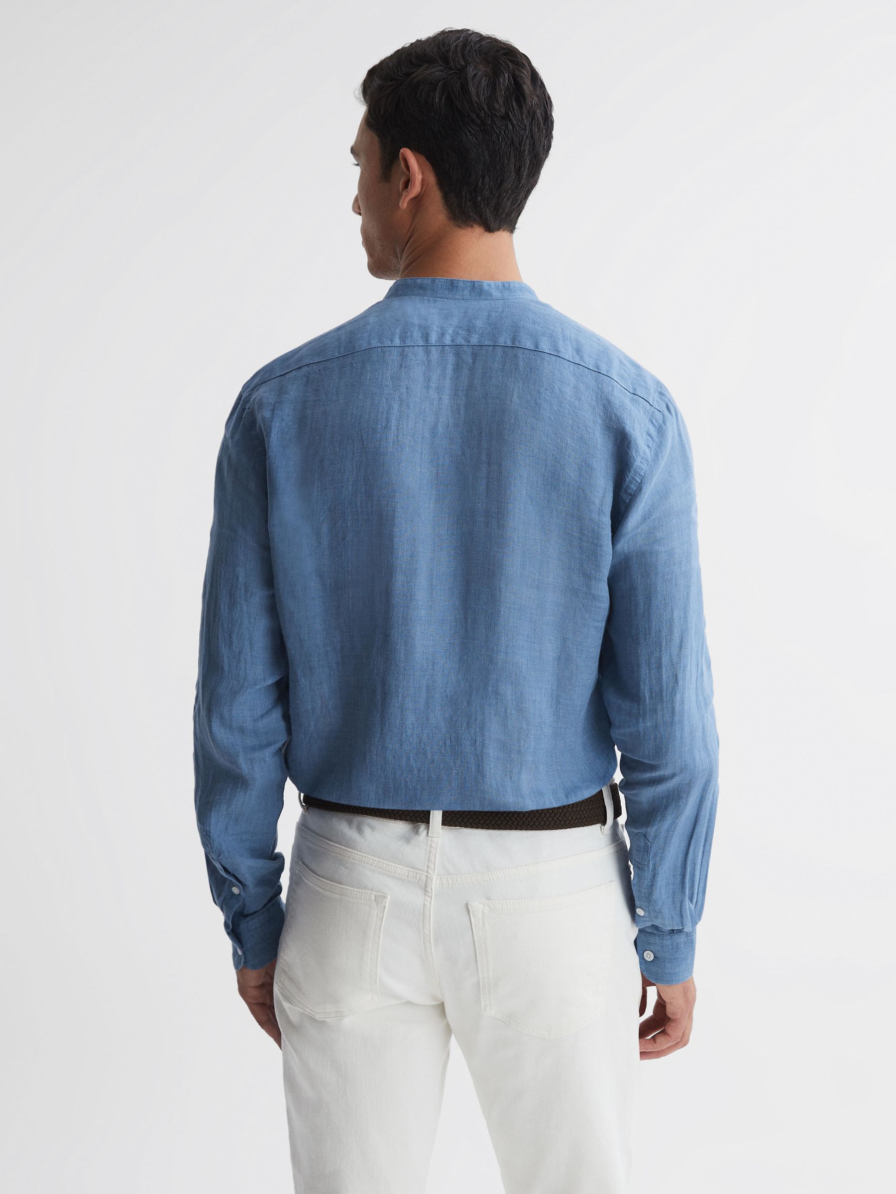 Linen Grandad Collar Shirt in Airforce Blue - Image 4 of 4