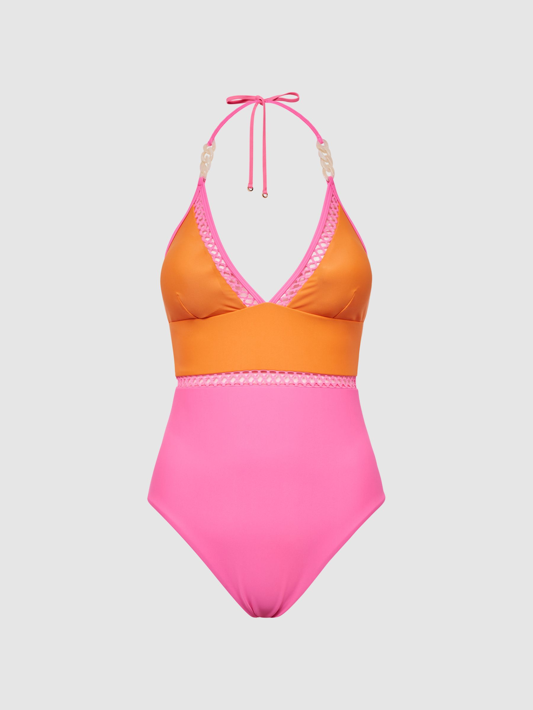 Colourblock Halter Swimsuit in Orange/Pink - Image 9 of 9