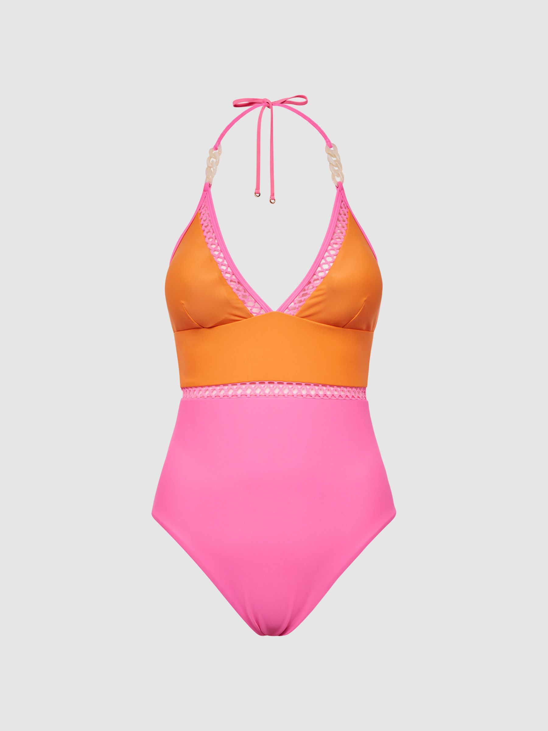 Colourblock Halter Swimsuit in Orange/Pink - Image 2 of 9