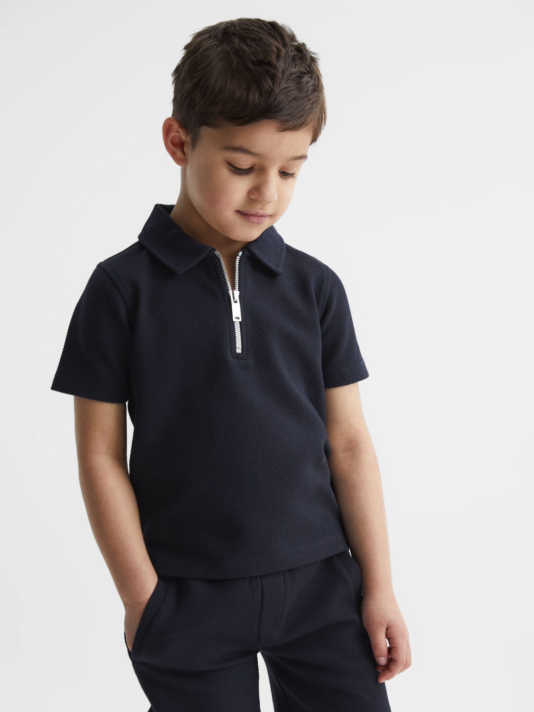 Junior Textured Half-Zip Polo Shirt in Navy - Image 1 of 6