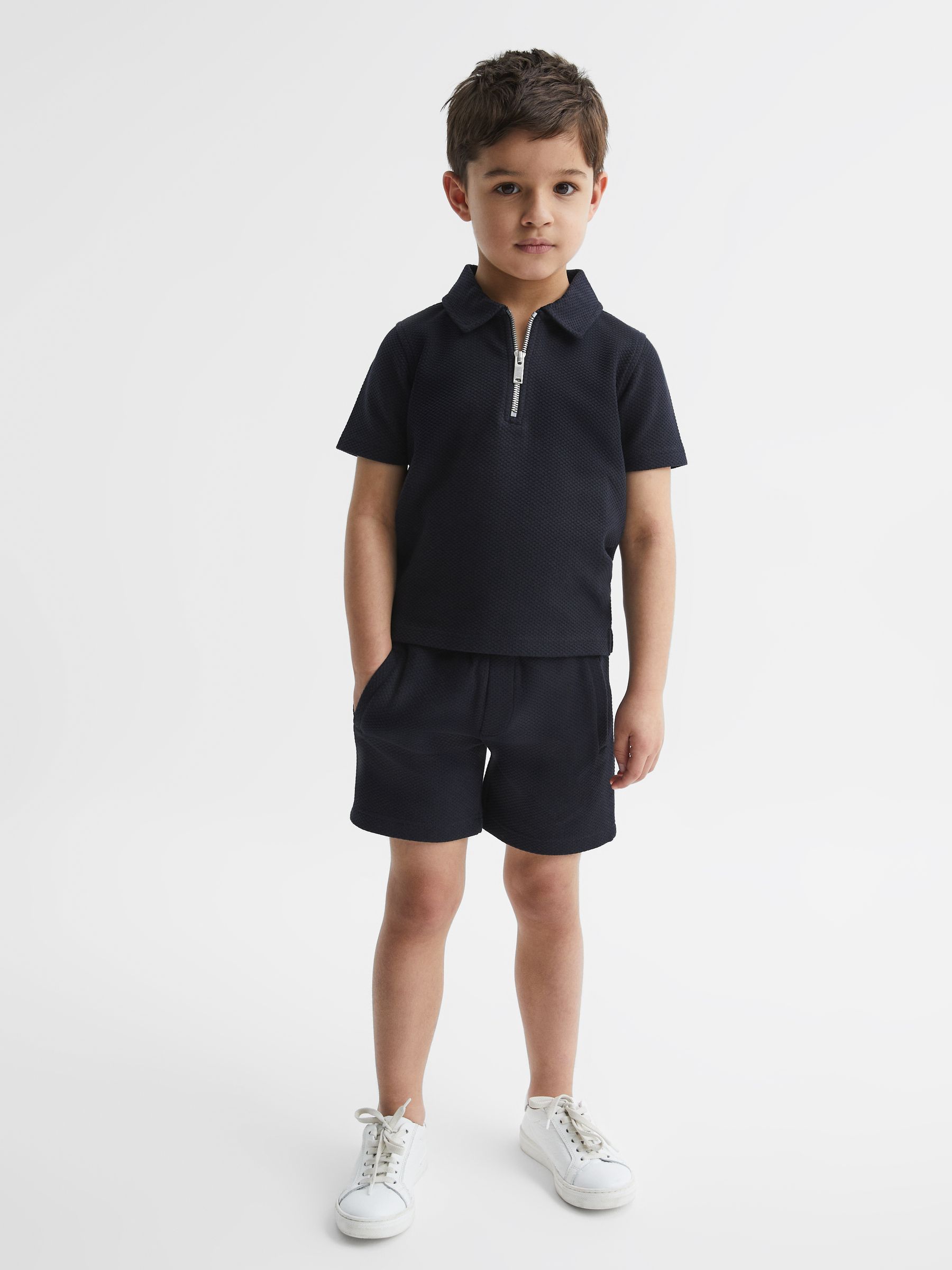 Junior Textured Half-Zip Polo Shirt in Navy - Image 3 of 6