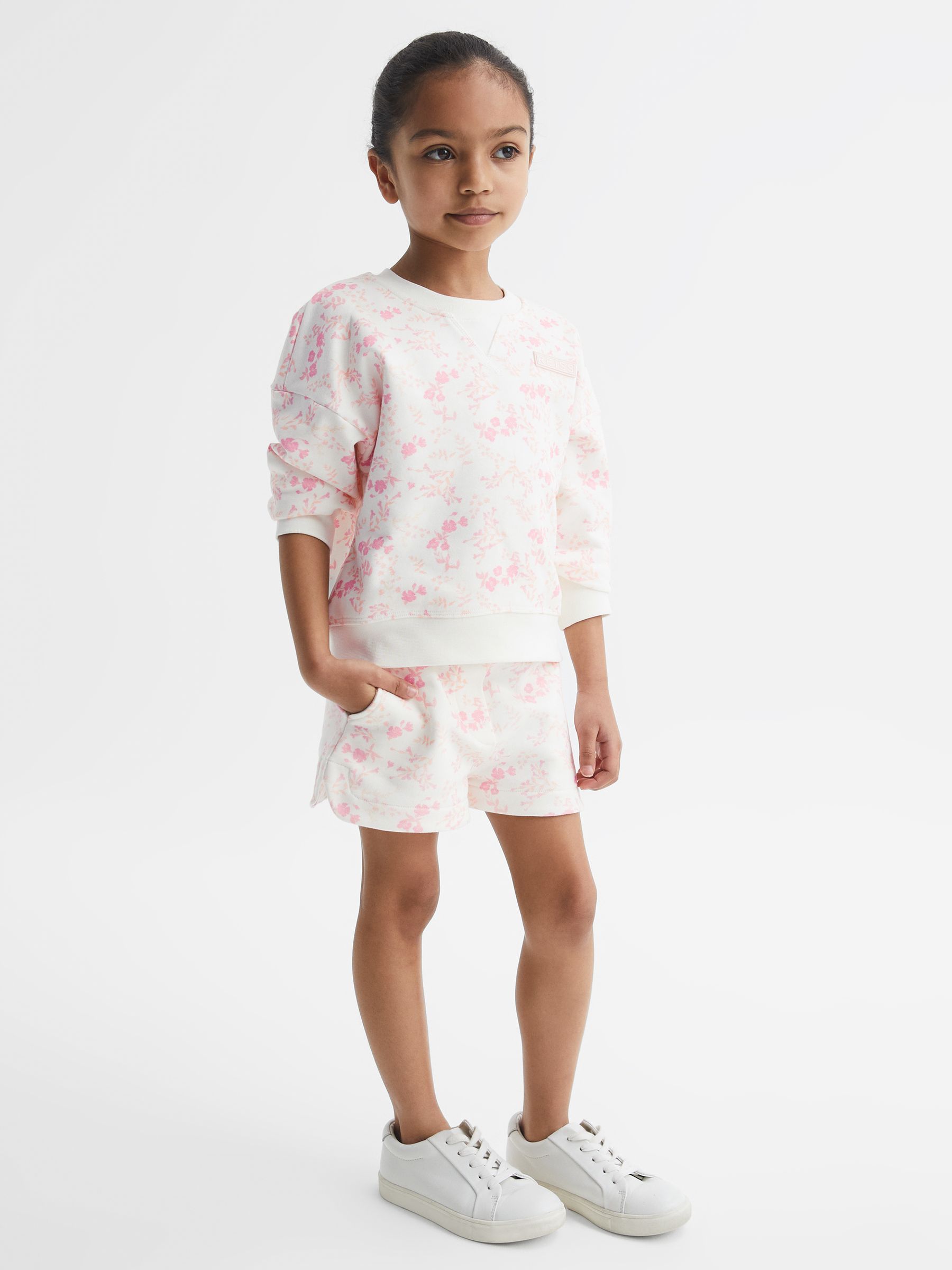 Floral Print Sweatshirt and Shorts Set in Pink Print - Image 1 of 9