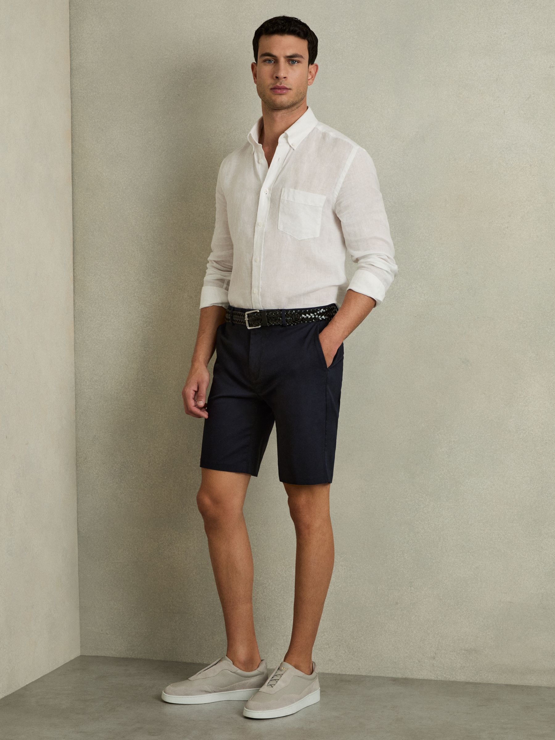 Cotton Chino Shorts with Stretch in Navy - Image 1 of 7