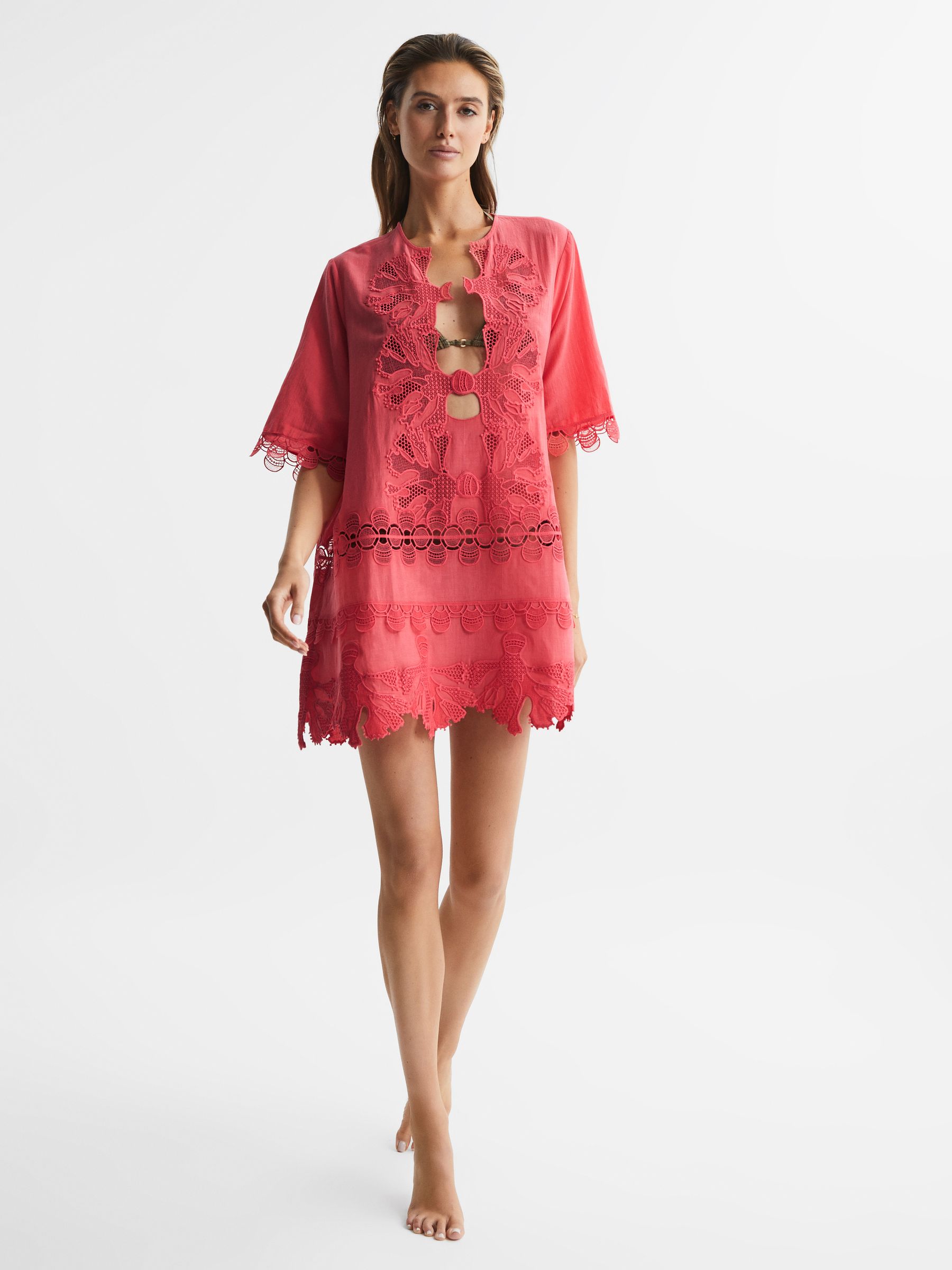 Embroidered Kaftan in Coral - Image 1 of 5 Embroidered Kaftan in Coral - Image 1 of 5