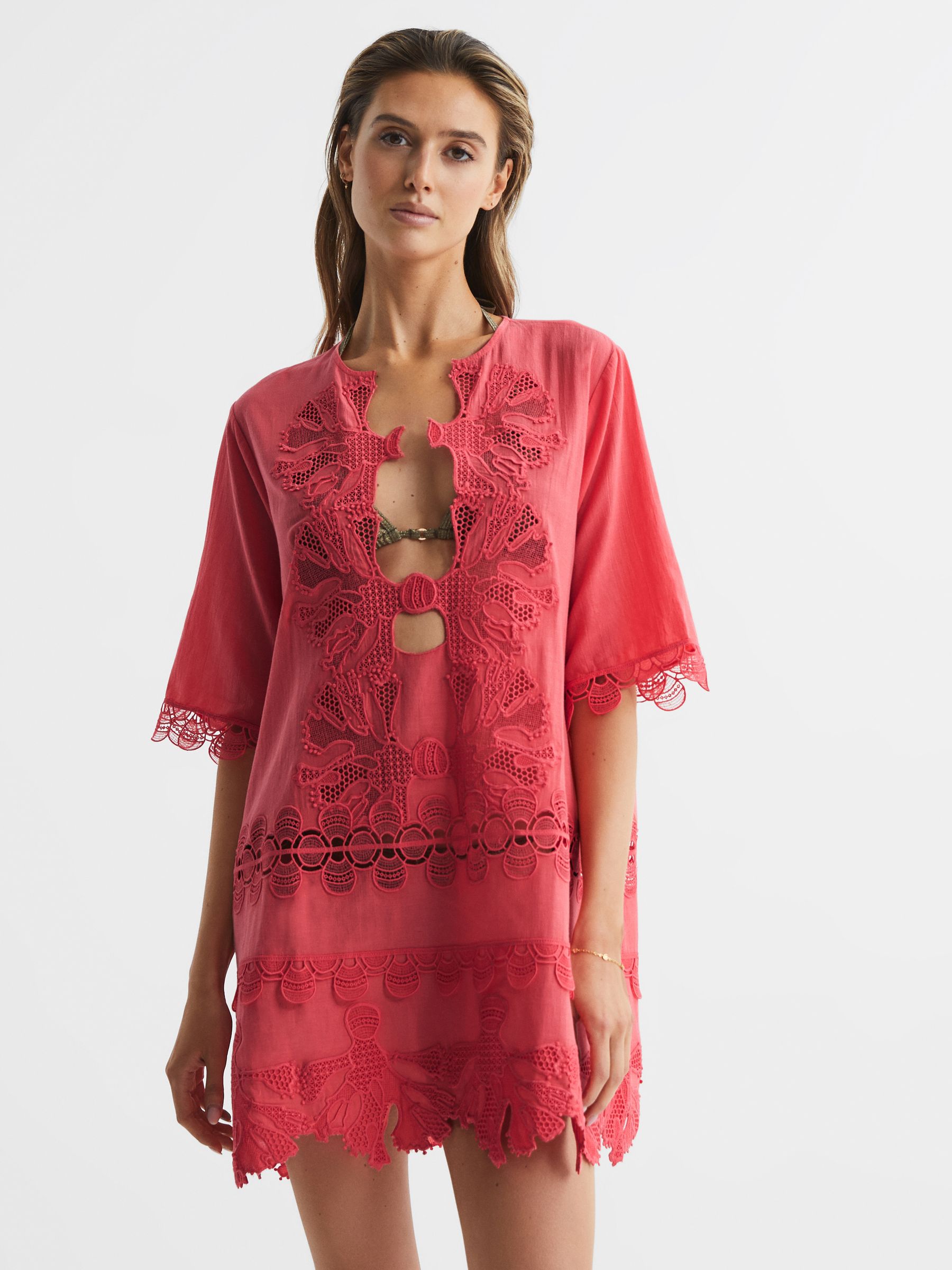 Embroidered Kaftan in Coral - Image 3 of 5