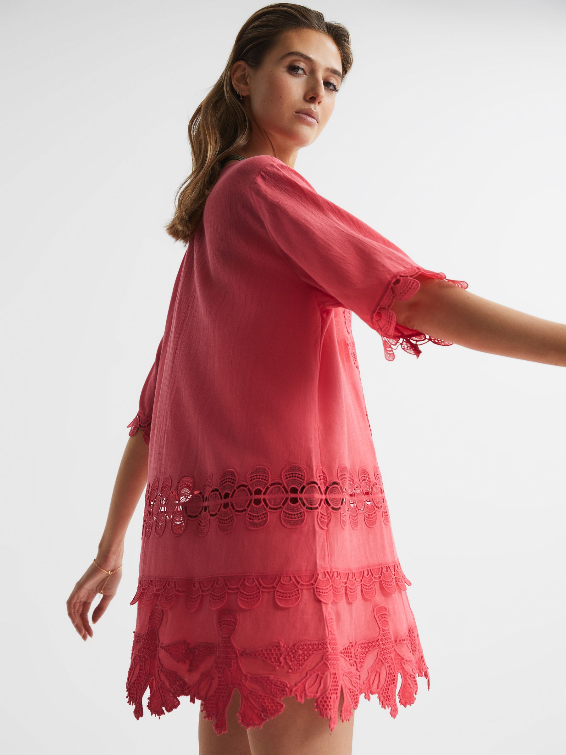 Embroidered Kaftan in Coral - Image 4 of 5
