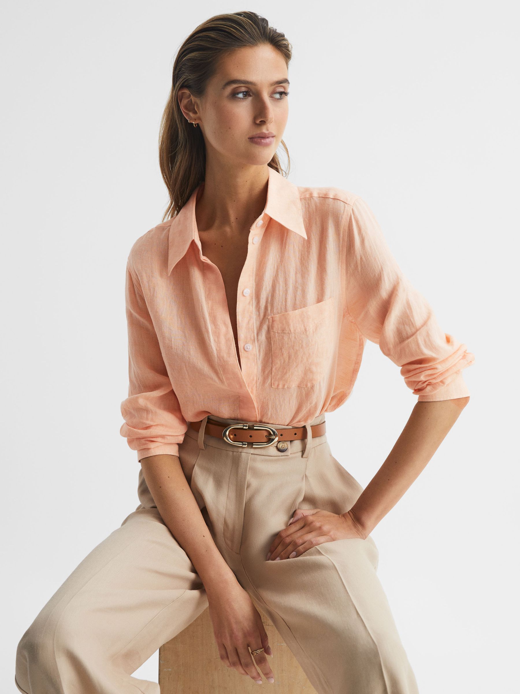 Linen Long Sleeve Shirt in Peach - Image 1 of 7 Linen Long Sleeve Shirt in Peach - Image 1 of 7