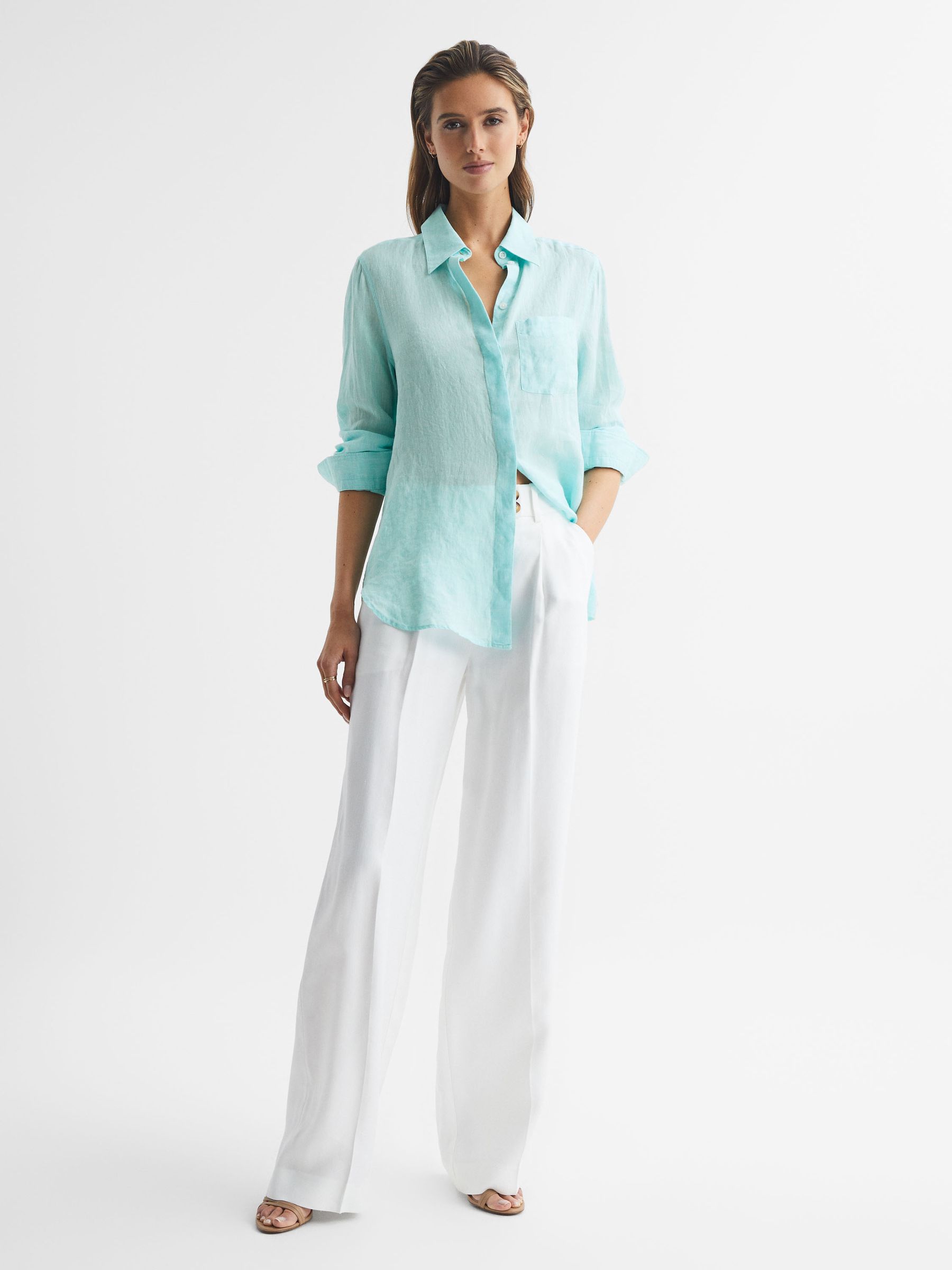 Linen Long Sleeve Shirt in Aqua - Image 3 of 6