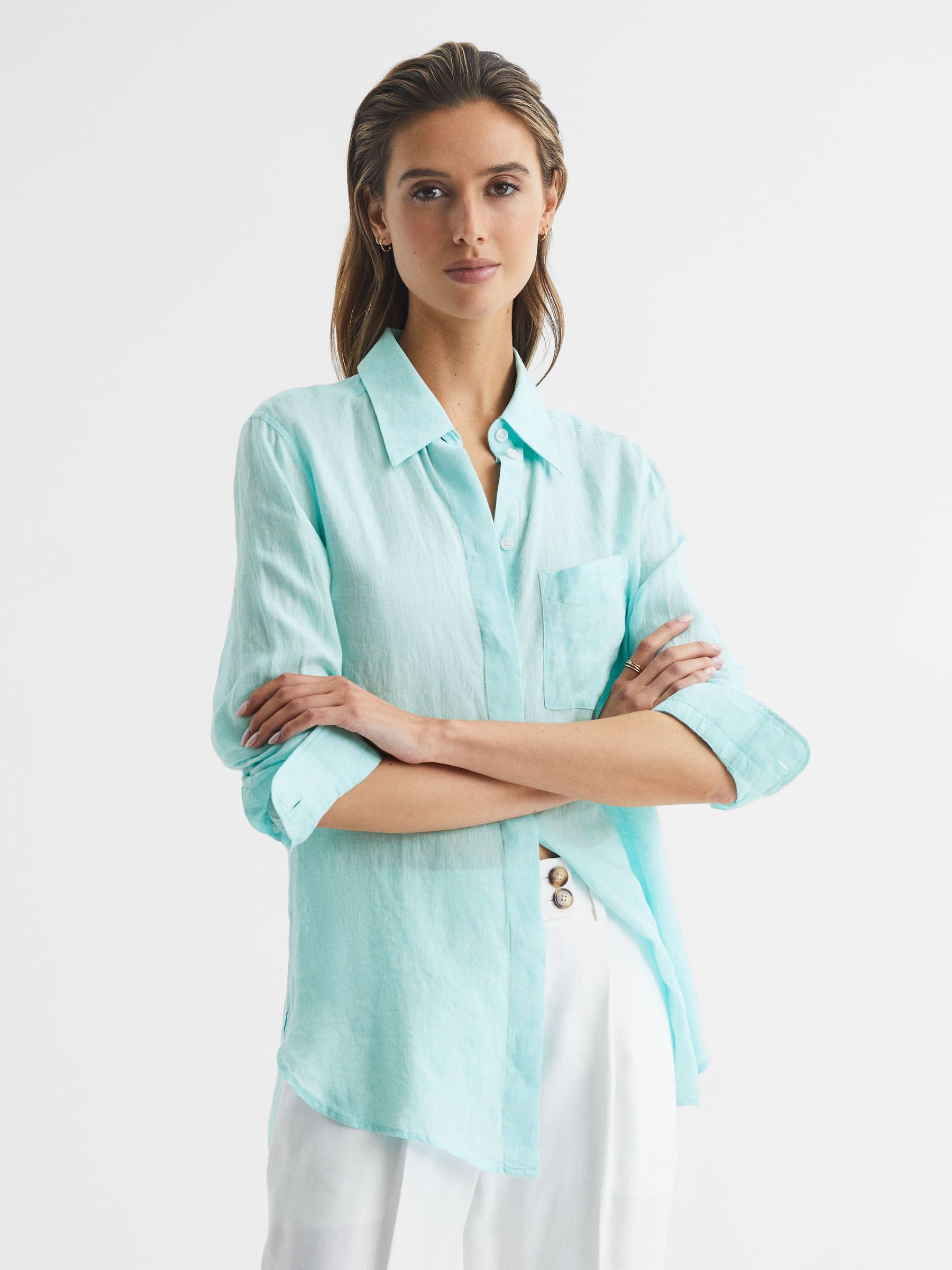 Linen Long Sleeve Shirt in Aqua - Image 6 of 6