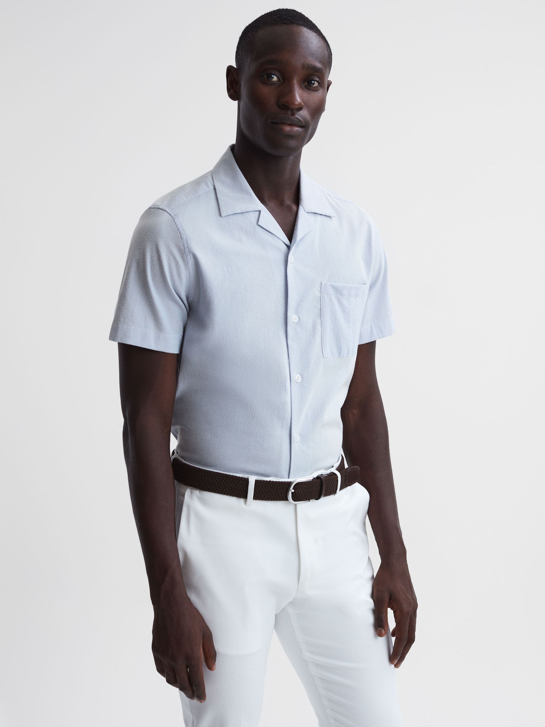 Cuban Collar Striped Short Sleeve Shirt in Blue/White - Image 3 of 6