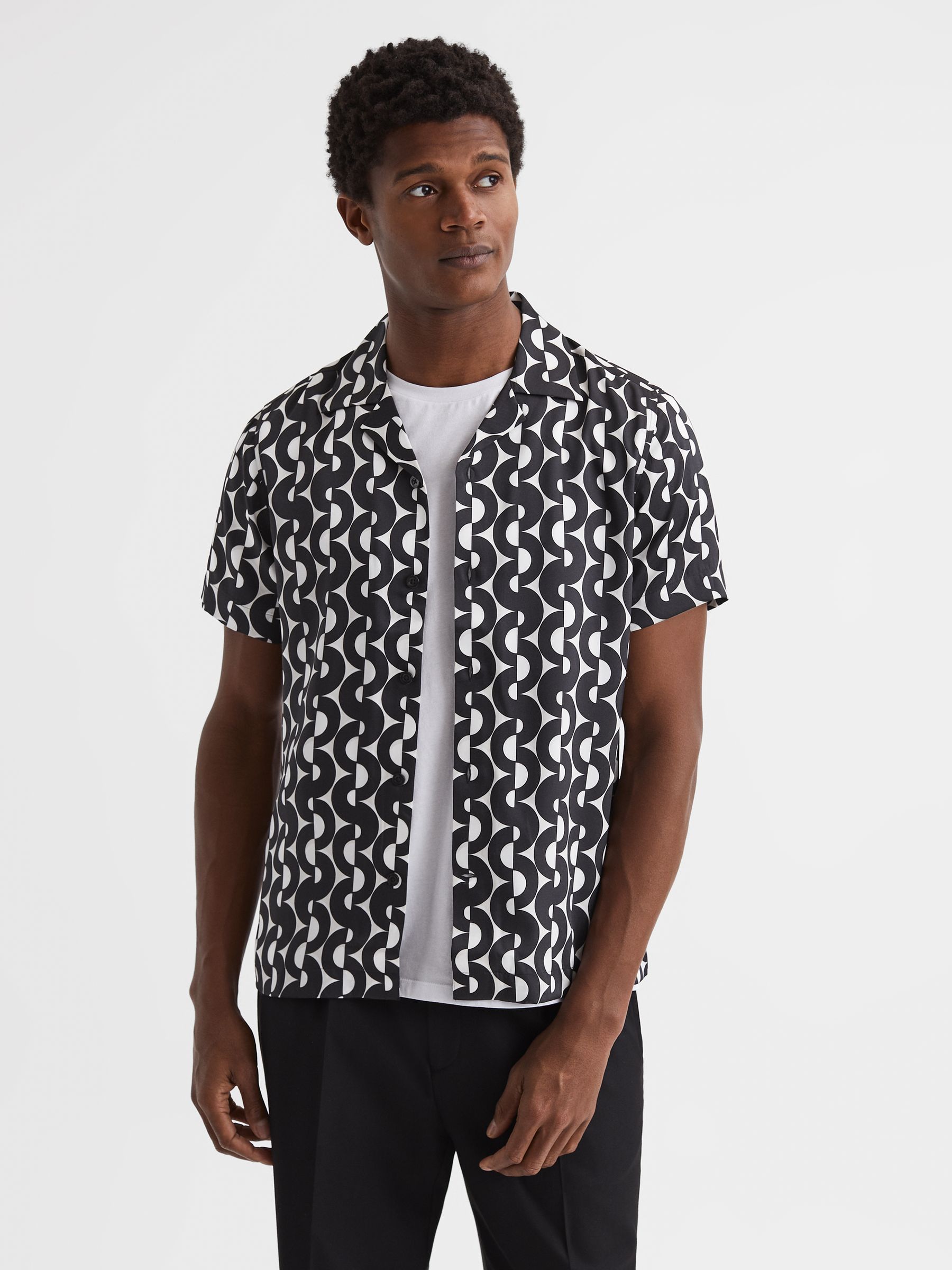 Slim Fit Cuban Collar Printed Shirt in Black/Ivory - Image 1 of 6