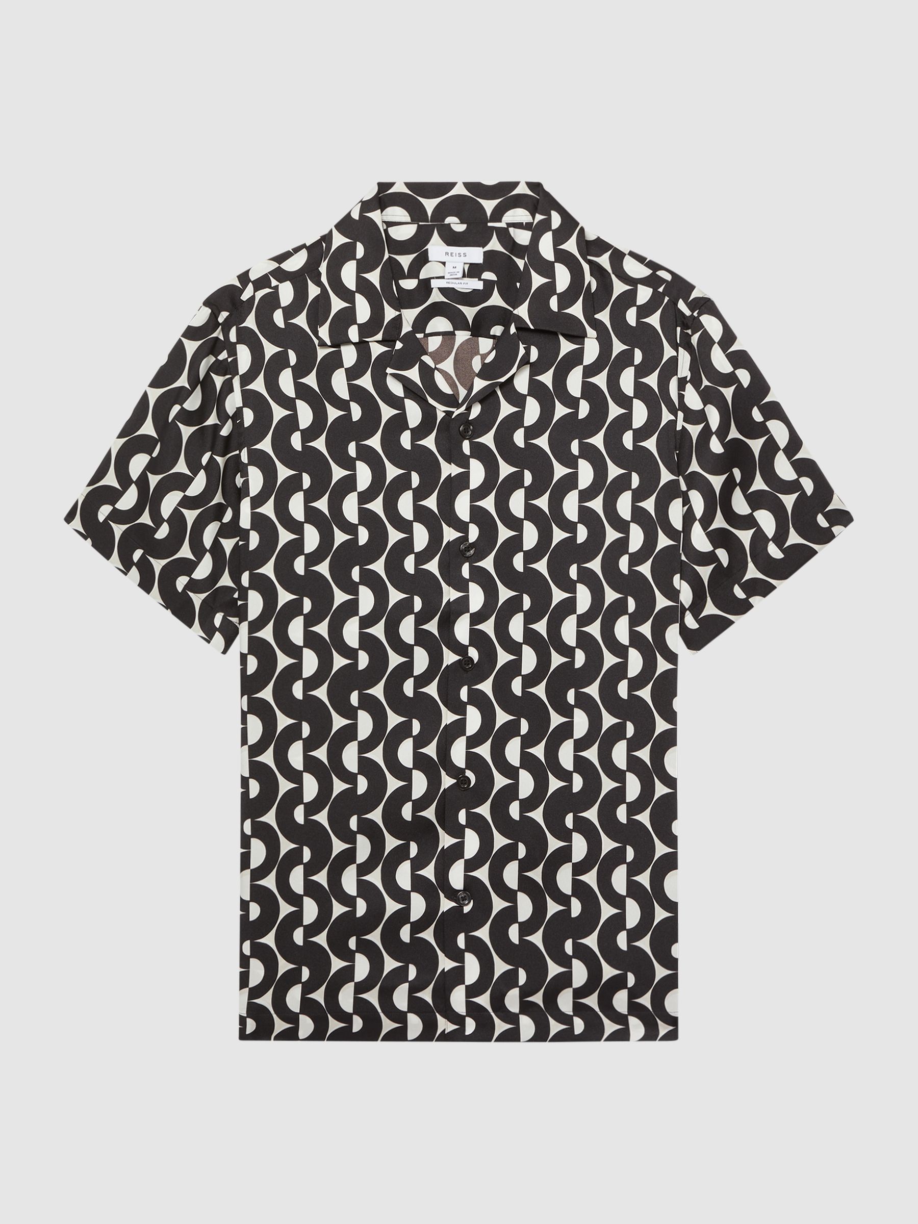 Slim Fit Cuban Collar Printed Shirt in Black/Ivory - Image 2 of 6