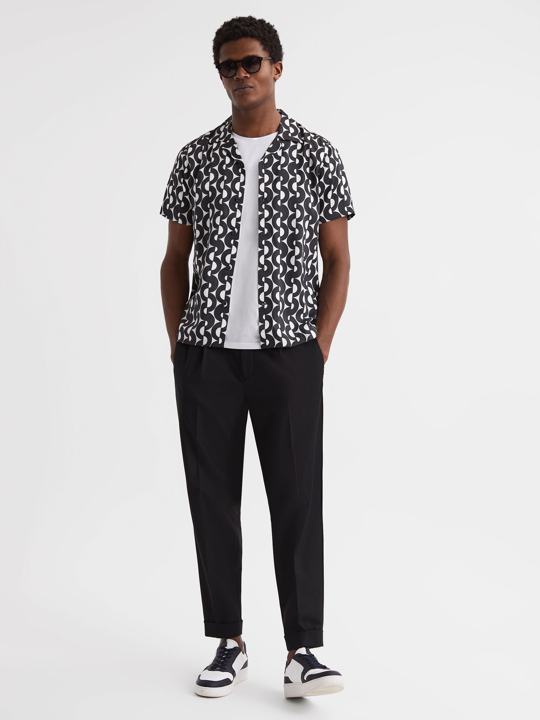 Slim Fit Cuban Collar Printed Shirt in Black/Ivory - Image 3 of 6