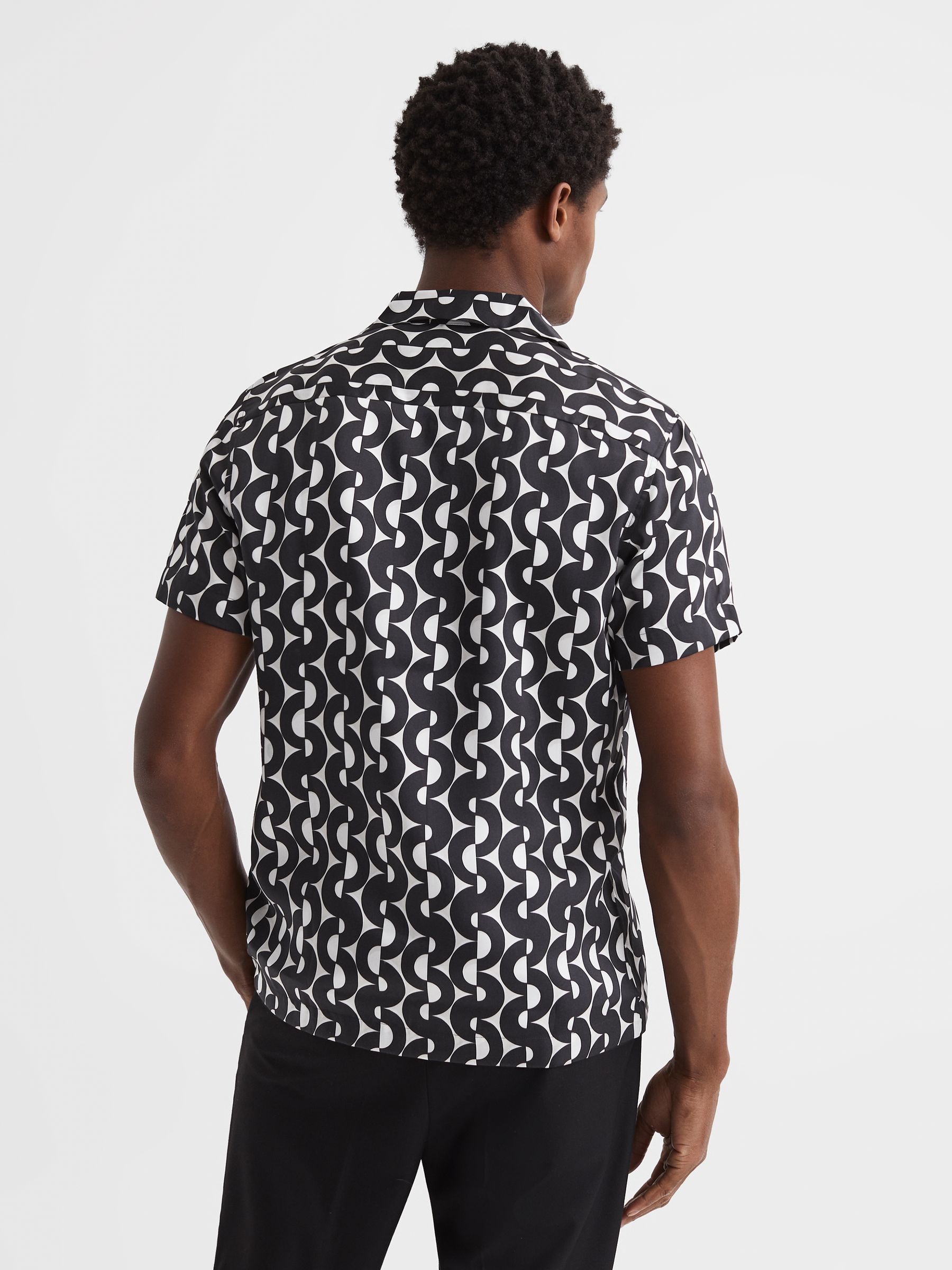 Slim Fit Cuban Collar Printed Shirt in Black/Ivory - Image 5 of 6